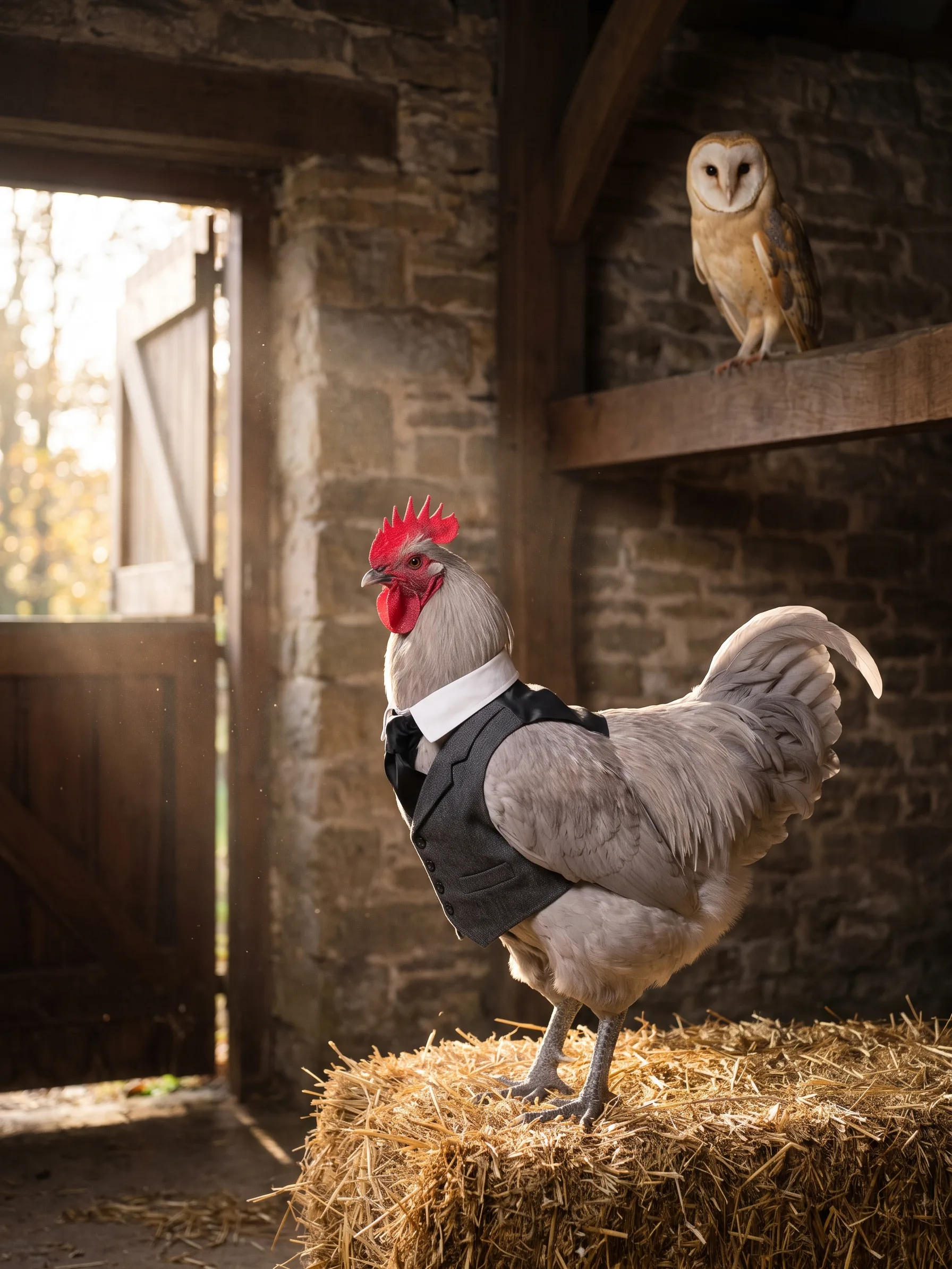 A Lavender Orpington rooster with soft, even lavender-grey plumage and a red single comb, in a charcoal wool waistcoat over a high white starched collar and a black silk stock, cut to fit a bird, standing in strict side profile facing left on a straw bale inside an old stone barn, scaled rooster legs and talons on the straw, a pale golden barn owl perched on a dark oak beam above him looking towards the camera, warm low autumn sunlight falling through the open barn door