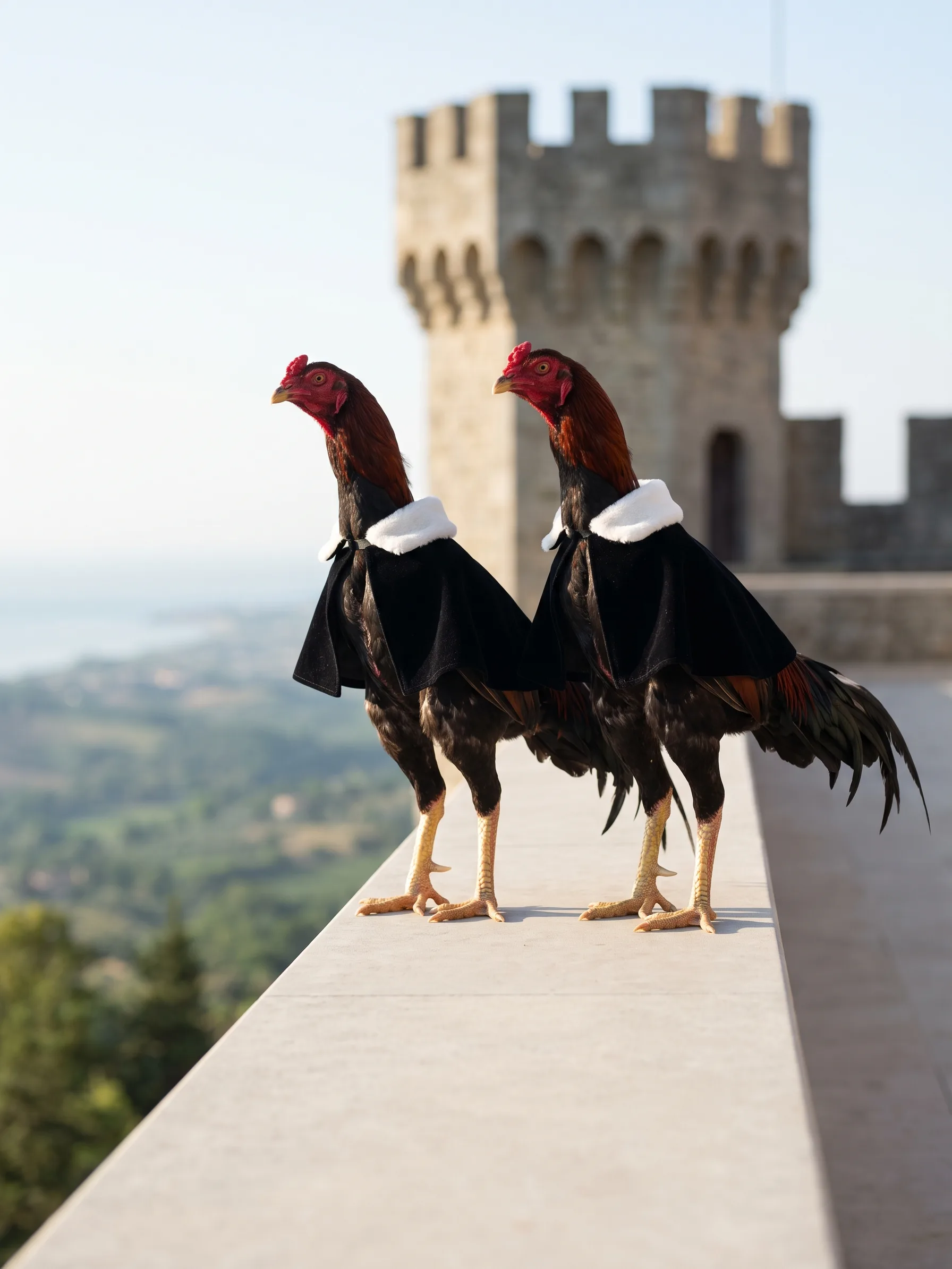 Two Shamo roosters, tall and upright with tight black-red plumage and small red combs, standing side by side in matching short black velvet capes with white fur collars on the smooth stone parapet of a medieval hilltop fortress, a crenellated stone tower behind them and hazy green hills falling away to the distant sea in morning light