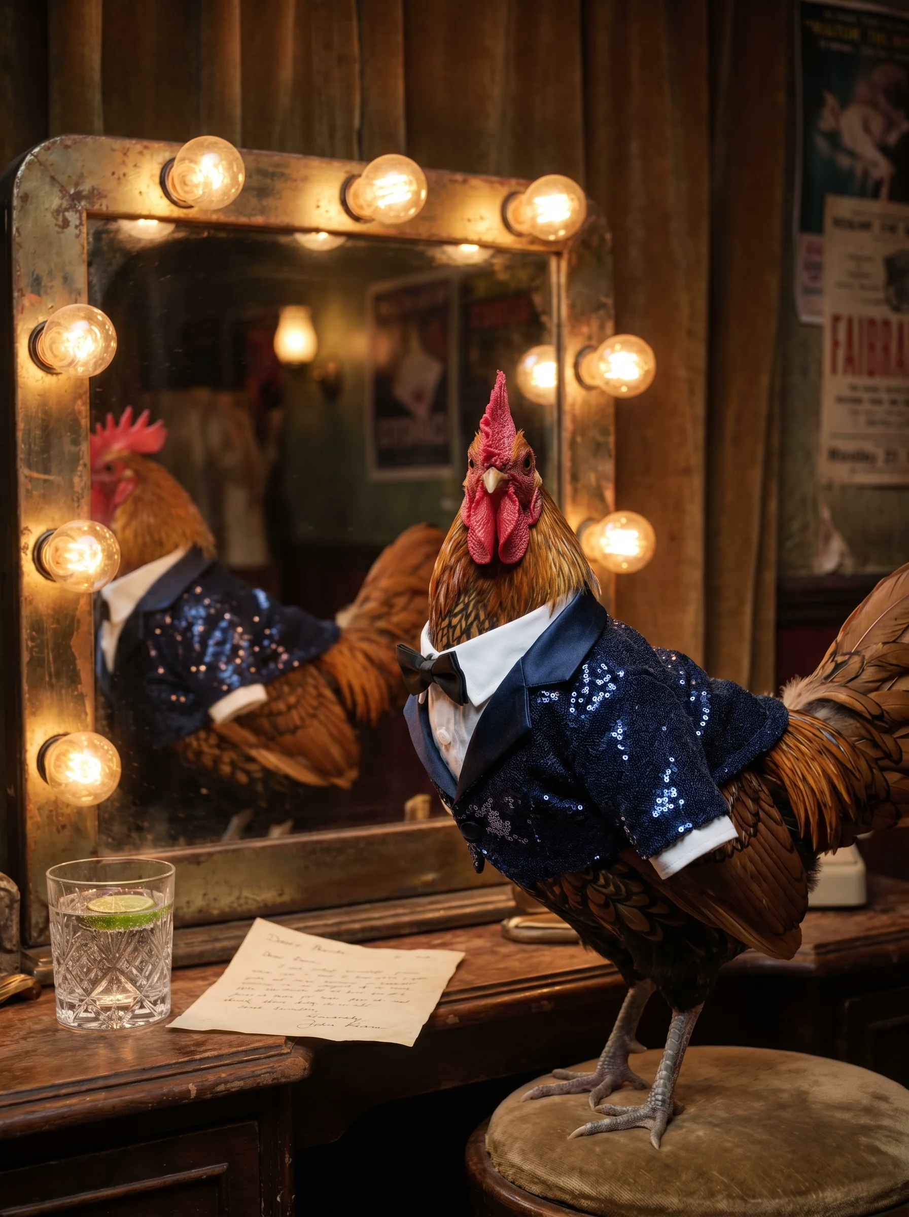 A Gold Sebright rooster in a midnight blue sequined dinner jacket and white wing-collar shirt with black bow tie, seated before a backstage vanity mirror surrounded by warm Edison bulbs, his reflection visible behind him, a glass of sparkling water and handwritten note on the dressing table, vintage theater posters on the wall