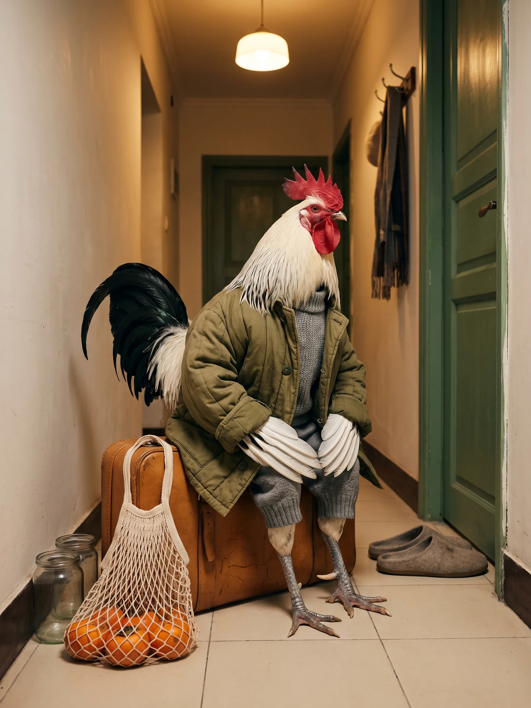 A Lakenvelder rooster with a smooth white body, glossy black hackles and a black tail and a red single comb, in an olive-green padded cotton jacket over a grey knit jumper and knitted grey breeches, seated upright like a gentleman on the lid of an old tan leather suitcase in the tiled hallway of an older apartment in the evening, folded white wing feathers resting on his knees and scaled grey rooster legs with talons reaching to the floor, a string bag of orange persimmons hanging from the case handle and two empty glass jars on the floor beside it, a green-painted wooden door, a scarf on a coat hook and a pair of grey felt slippers by the wall, warm light from a ceiling lamp