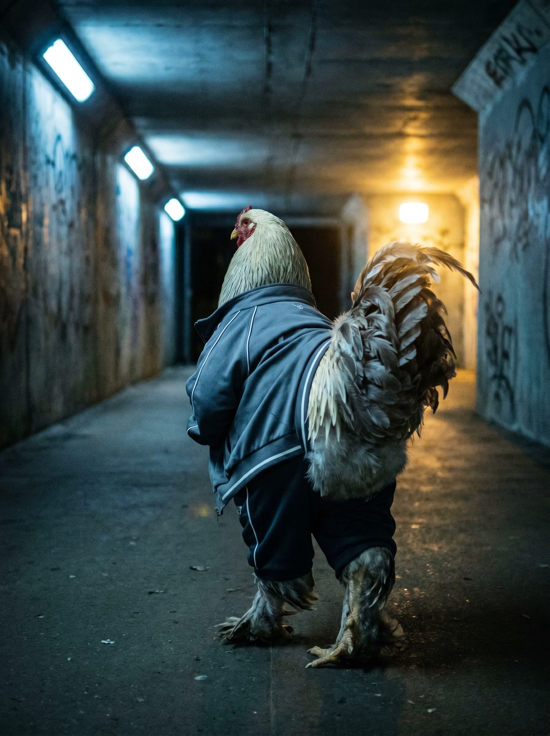 A Light Brahma rooster in a slate gray warm-up jacket with white piping walking through a dark concrete arena tunnel toward warm golden light at the far end, shot from behind at low angle, fluorescent lights overhead, dramatic tail feathers trailing