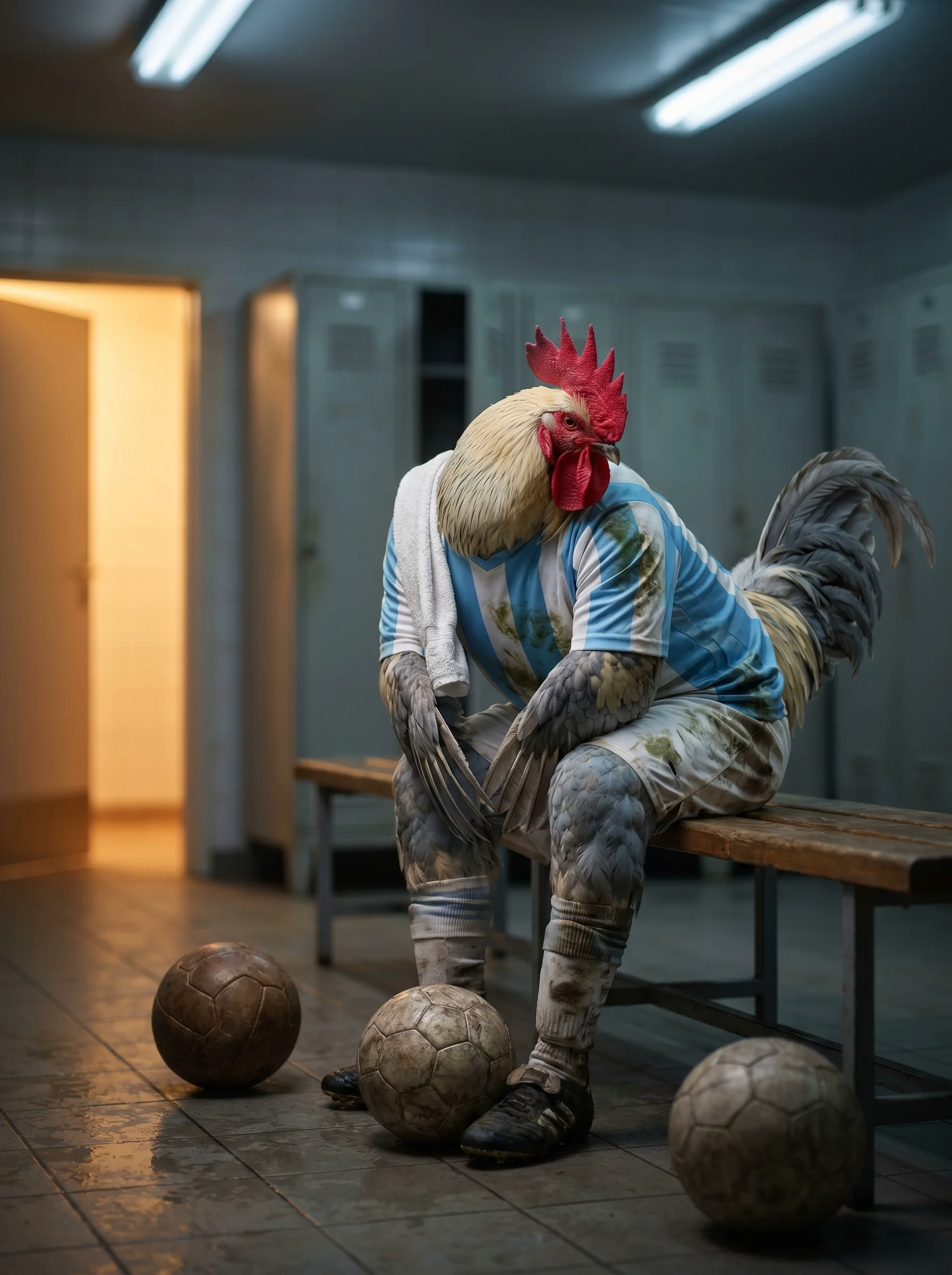 A Cream Legbar rooster in a grass-stained sky-blue and white striped football jersey seated alone on a wooden bench in an empty locker room, a white towel draped over one shoulder, three worn footballs on the tiled floor at his feet, cool fluorescent light overhead with warm golden light from an open corridor door