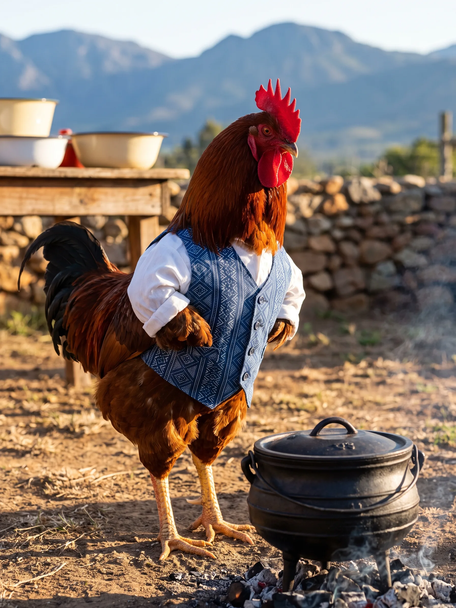 A Red Sussex rooster with rich mahogany-red plumage and a black tail in an indigo shweshwe-cloth waistcoat with a fine white geometric print over a white shirt, standing upright with his wing tips at his hips beside a black three-legged cast-iron pot with its lid on, set over glowing coals on bare earth, wood smoke drifting, a wooden table with enamel bowls and a dry stone wall behind him, blue mountains in late-afternoon light