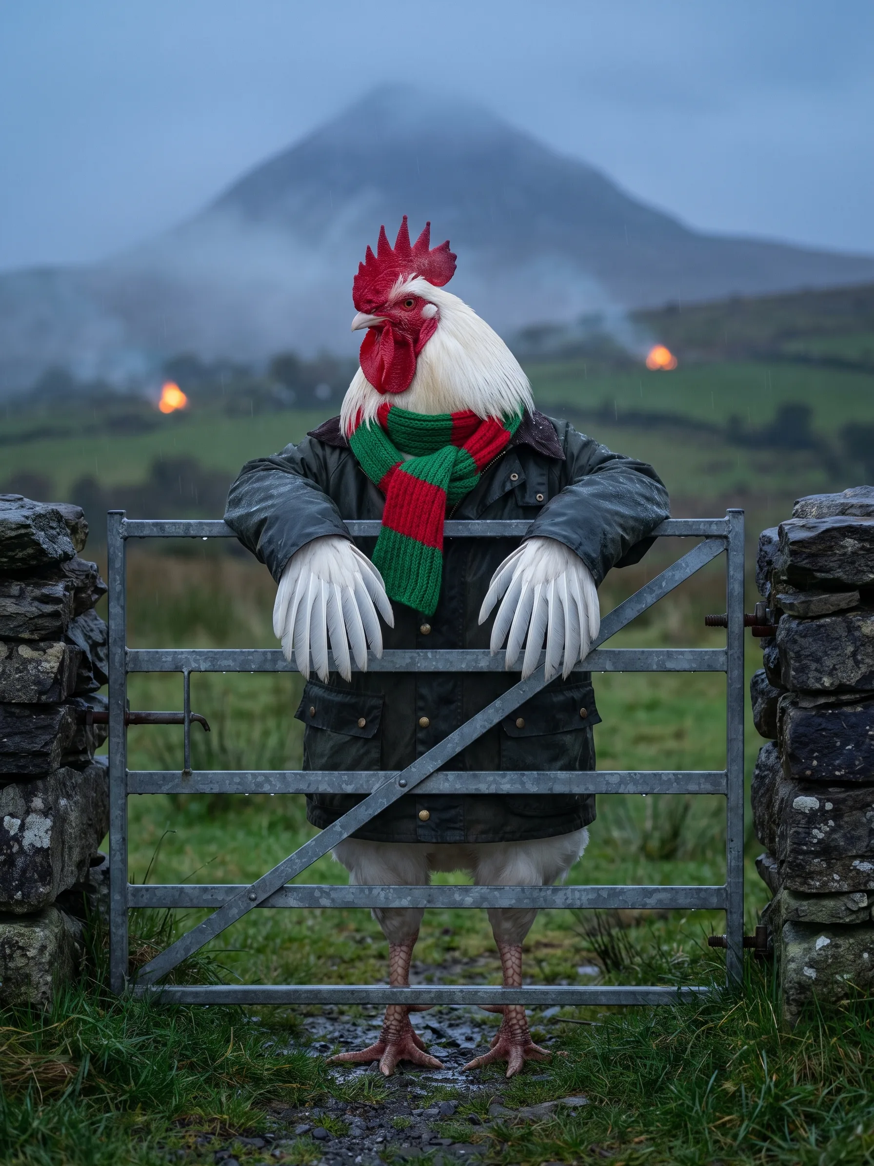 A White Sussex rooster with white plumage, standing upright like a gentleman in a dark green waxed cotton jacket and a green-and-red striped knitted scarf at a farm gate in the west of Ireland at dusk, soft rain falling, dry-stone walls and green fields running to a cone-shaped mountain, small bonfires glowing on the distant hills