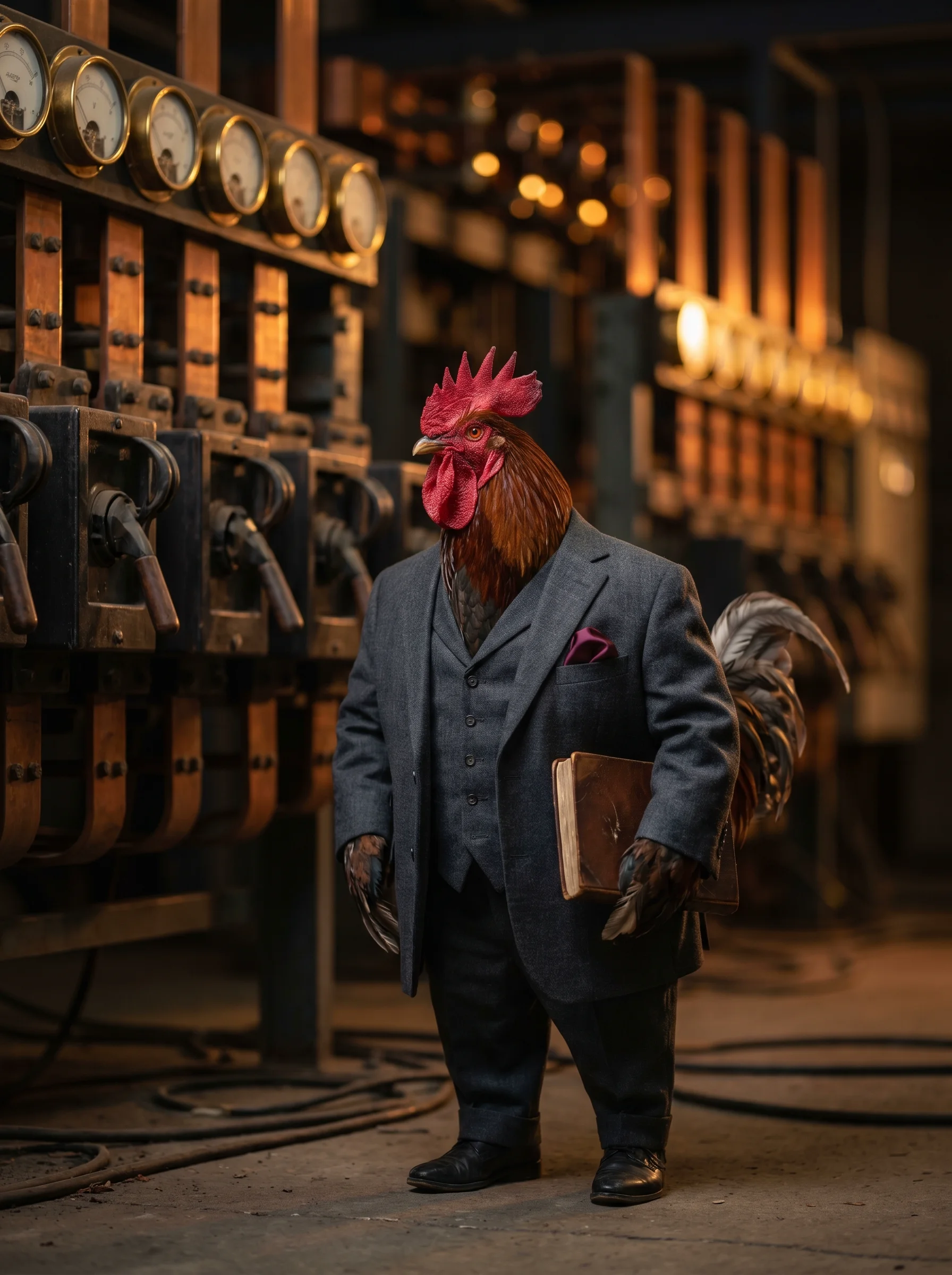 A Copper Maran rooster in a charcoal flannel three-piece suit with burgundy pocket square, standing in a dimly lit industrial electrical switchyard at night, holding a leather-bound ledger, banks of heavy switches and analog voltage gauges in warm tungsten bokeh behind him