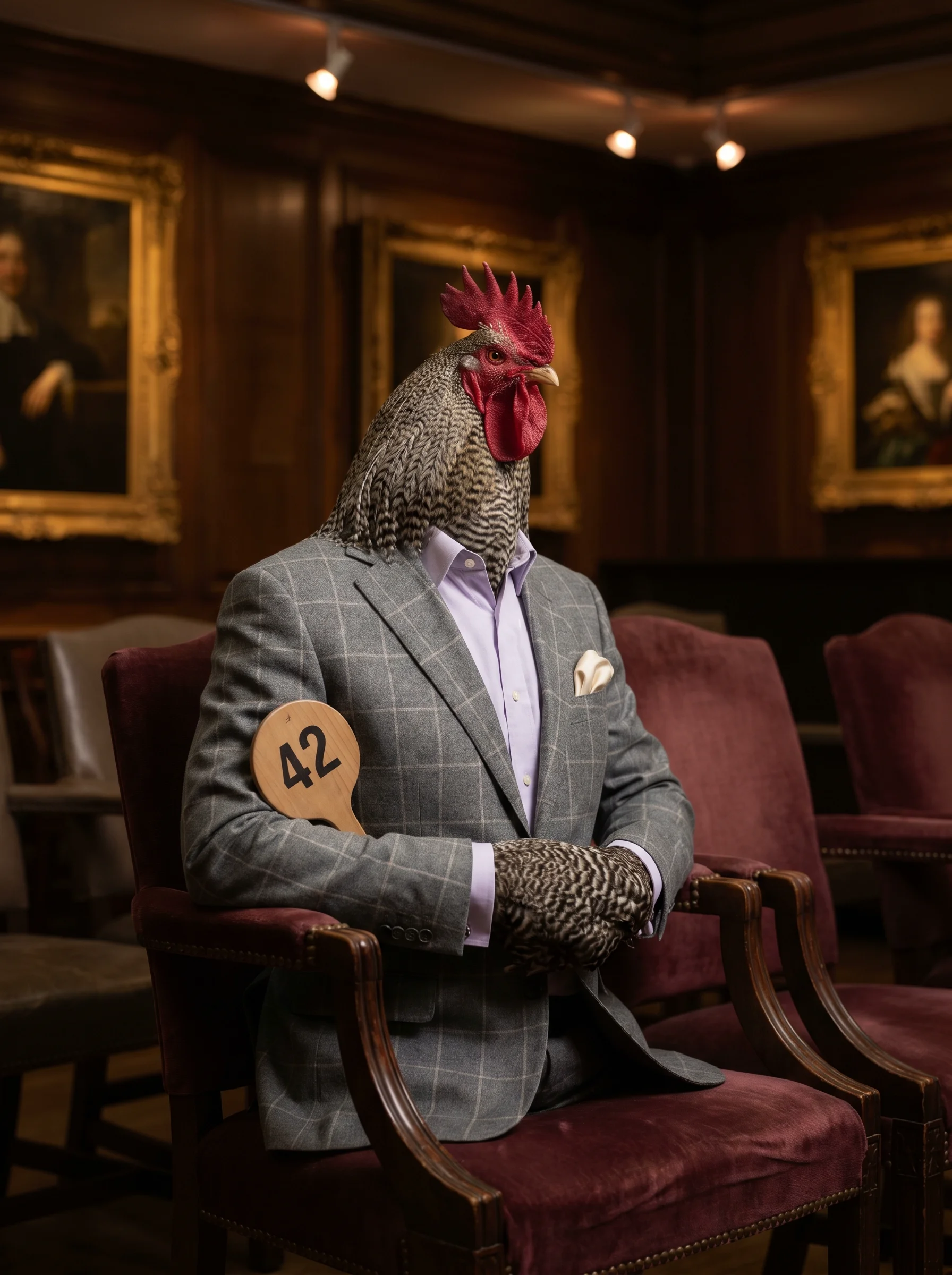 A Barred Plymouth Rock rooster in a grey windowpane check flannel suit with lavender shirt and cream pocket square, seated in a burgundy velvet chair in a wood-paneled auction saleroom, holding a numbered paddle, gilt-framed oil paintings on the walls behind him, warm amber spotlight overhead