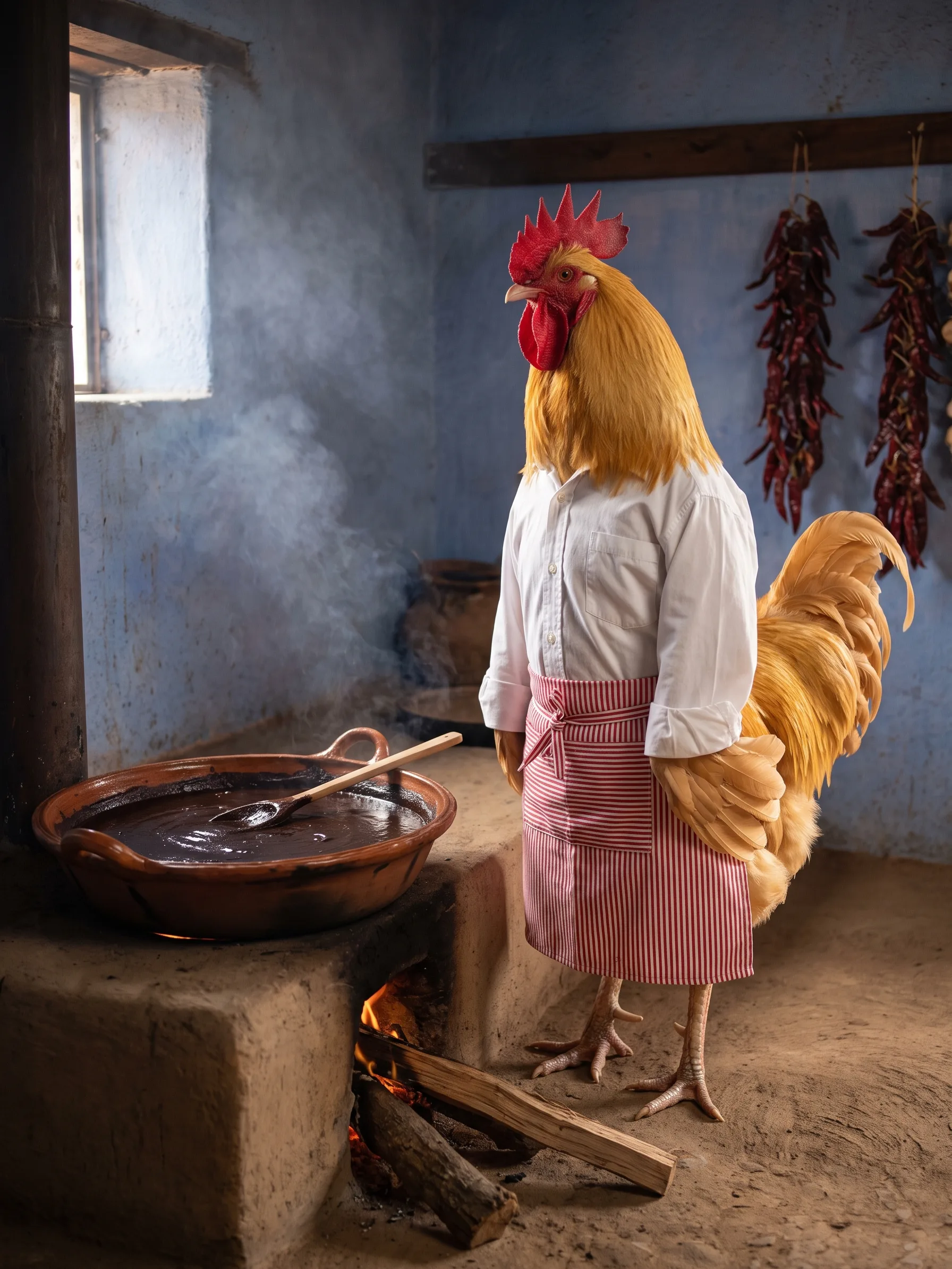 A Buff Orpington rooster with golden buff plumage, standing upright like a gentleman in a white cotton shirt and a striped cotton apron in a rustic Oaxacan kitchen, a wide clay pot of glossy black mole on a wood-fired adobe hearth with a wooden spoon resting in it, strings of dried red chillies hanging on a blue wall behind, warm smoky light