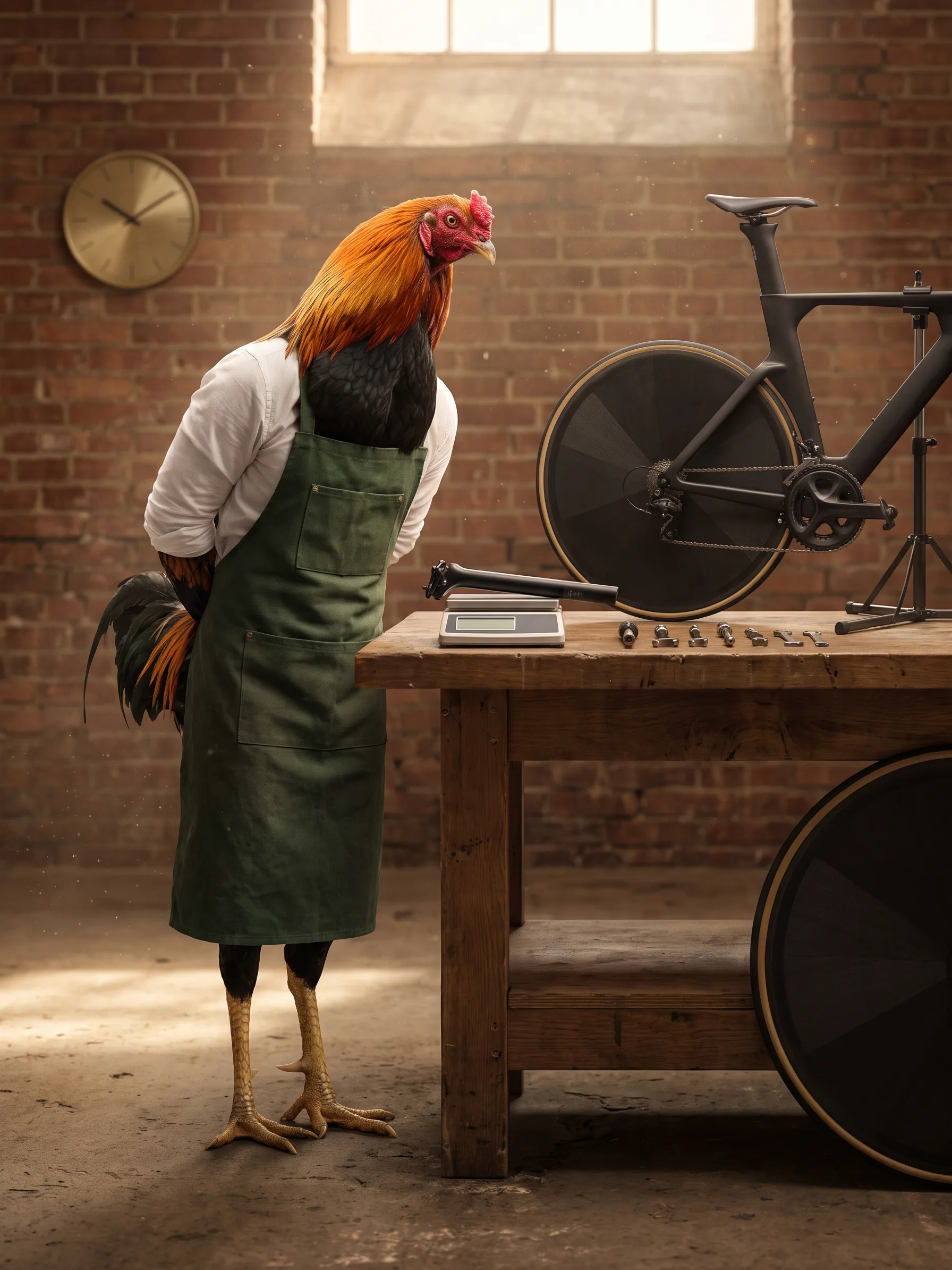A Black-breasted Red Modern Game rooster, tall and lean with orange hackles and a black breast, in a dark green canvas workshop apron over a white shirt, standing upright on long scaled rooster legs with his wings folded behind his back, leaning over a wooden workbench in a brick bicycle workshop, a matte black time-trial bicycle with a disc wheel on a repair stand, a seat post on a small digital scale and a row of small tools on the bench, a spare disc wheel below, a plain brass wall clock without numerals, warm light from a high window