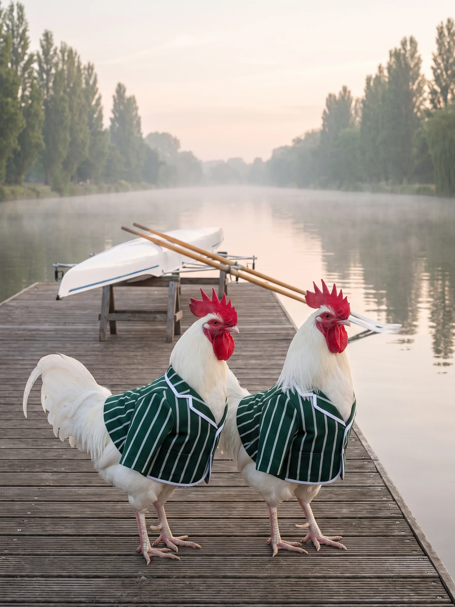 Two White Dorking roosters with pure white plumage and large single red combs, standing side by side on a wooden landing stage in matching bottle-green and white striped rowing blazers, a white racing shell on trestles and two oars behind them, a long straight river lined with poplars in early-morning mist