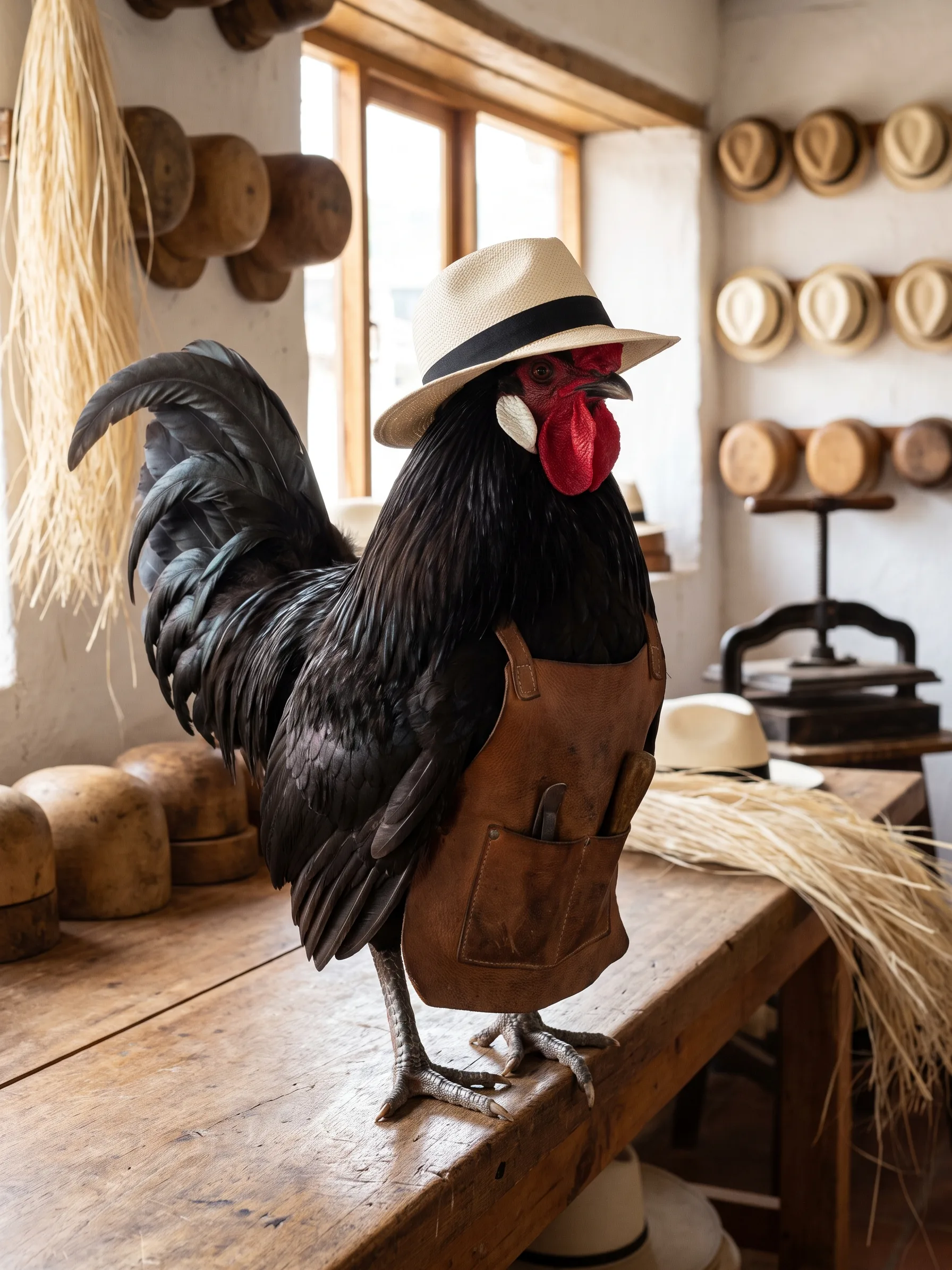 A Black Rosecomb bantam rooster with glossy black plumage, a white earlobe and a red comb, wearing a cream straw Panama hat with a black band and a brown leather work apron with tools in its pocket, standing on a wooden workbench in a sunlit hat workshop in Cuenca, wooden hat blocks, finished hats on the wall, bundles of pale straw and an iron hat press around him