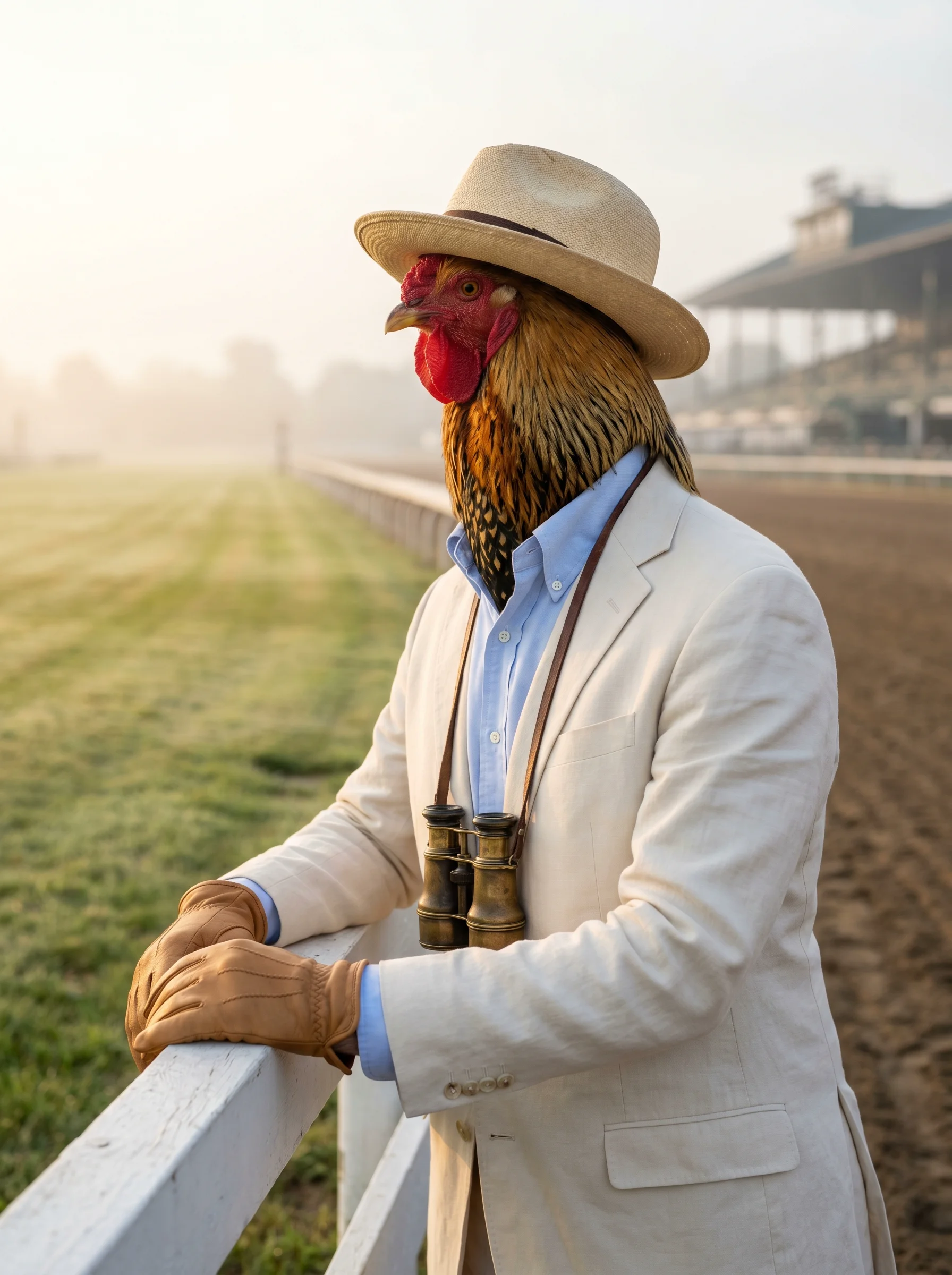 A Golden Laced Wyandotte rooster in a cream linen sport coat over a pale blue oxford shirt, straw Panama hat, and tan leather gloves, leaning on a white rail fence at a horse racetrack at dawn, brass binoculars around his neck, foggy grandstand in the background