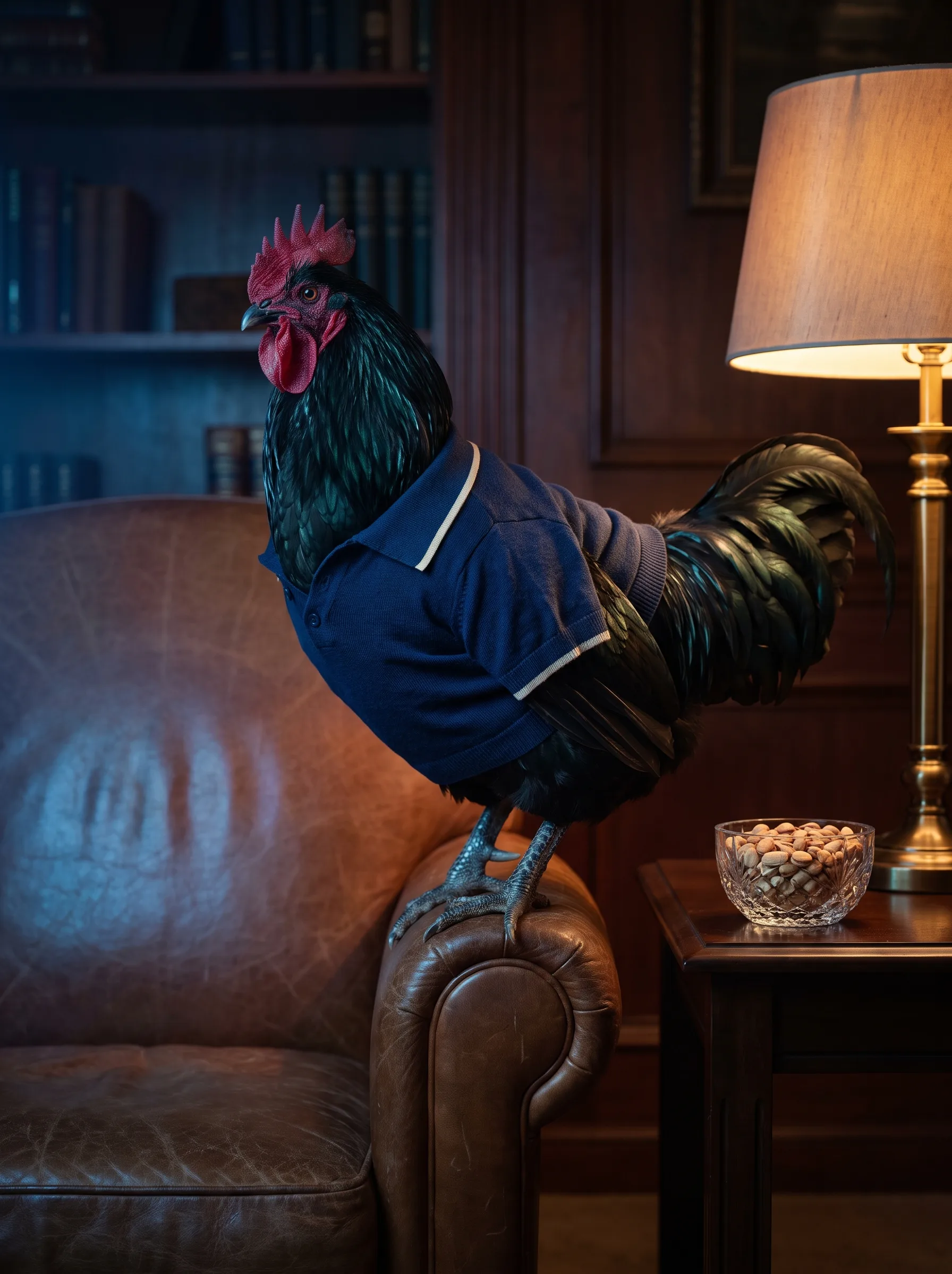 A Black Australorp rooster with glossy green-black plumage in a navy knitted polo shirt with cream tipping, perched on the arm of a worn cognac leather club chair in a dark wood-panelled den, lit blue on one side by an unseen television and amber on the other by a brass table lamp, a crystal bowl of untouched nuts on the side table