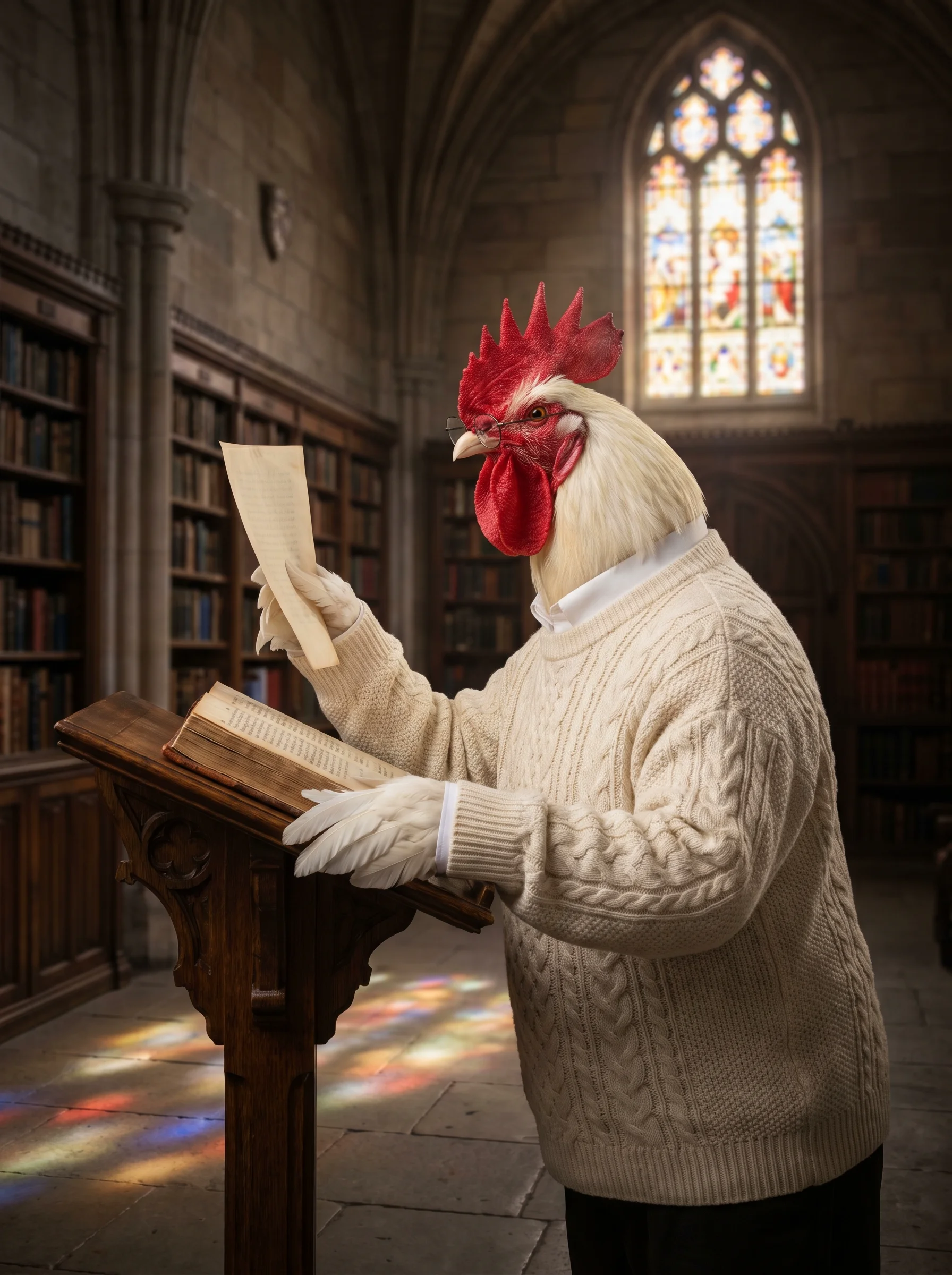 A White Leghorn rooster in wire-rimmed spectacles and an ivory cable-knit sweater, standing at a wooden lectern in a gothic stone library, holding a sheet of vellum up to stained glass light