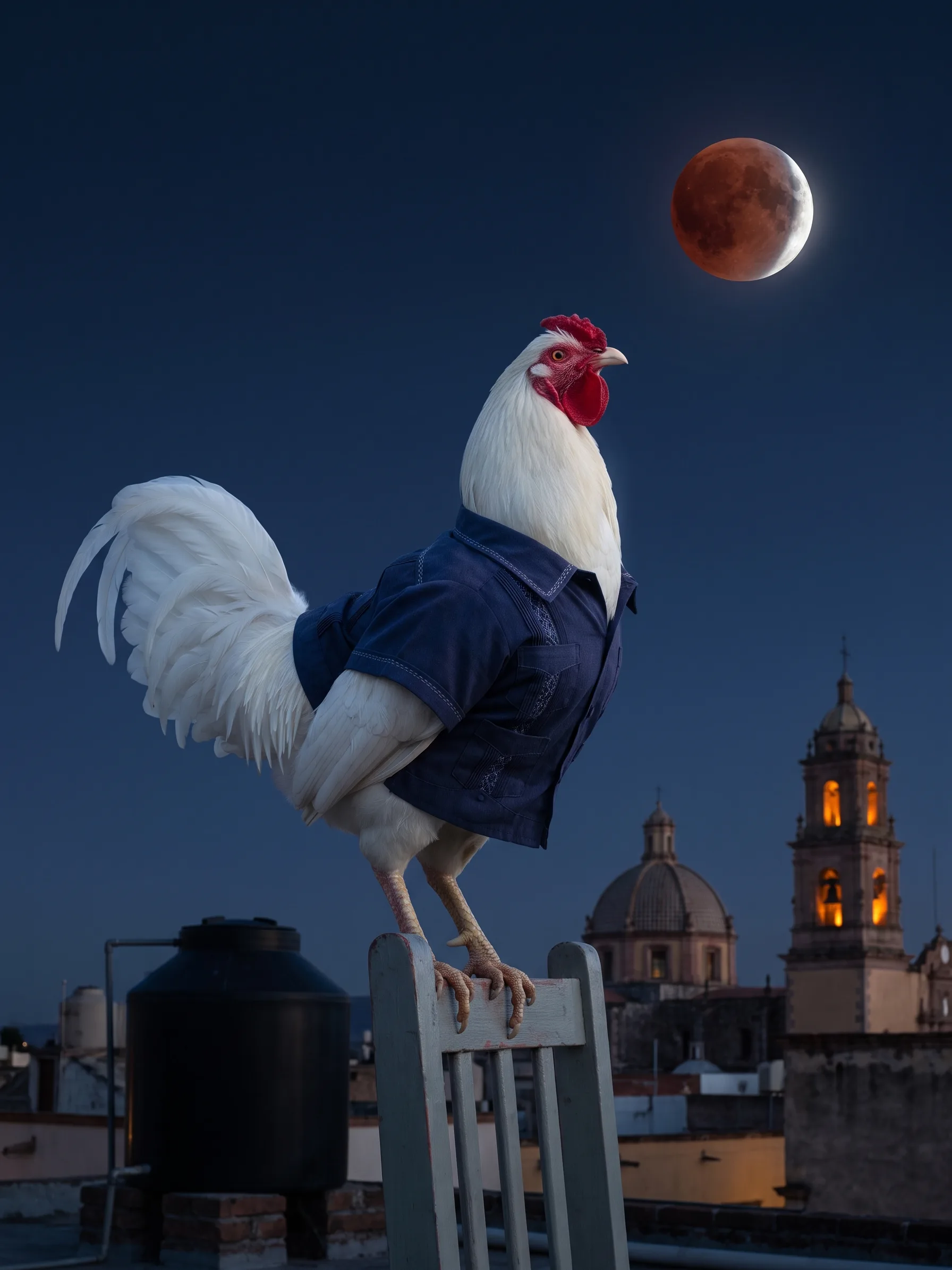 A white Chantecler rooster with snow-white plumage and a small red comb, in a dark indigo guayabera shirt, perched on the back of a pale painted wooden chair on a flat rooftop at night beside a black water tank, a copper-red, almost fully eclipsed moon with a thin bright edge high in a dark blue sky, a church dome and a lit bell tower above the rooftops of a Mexican city