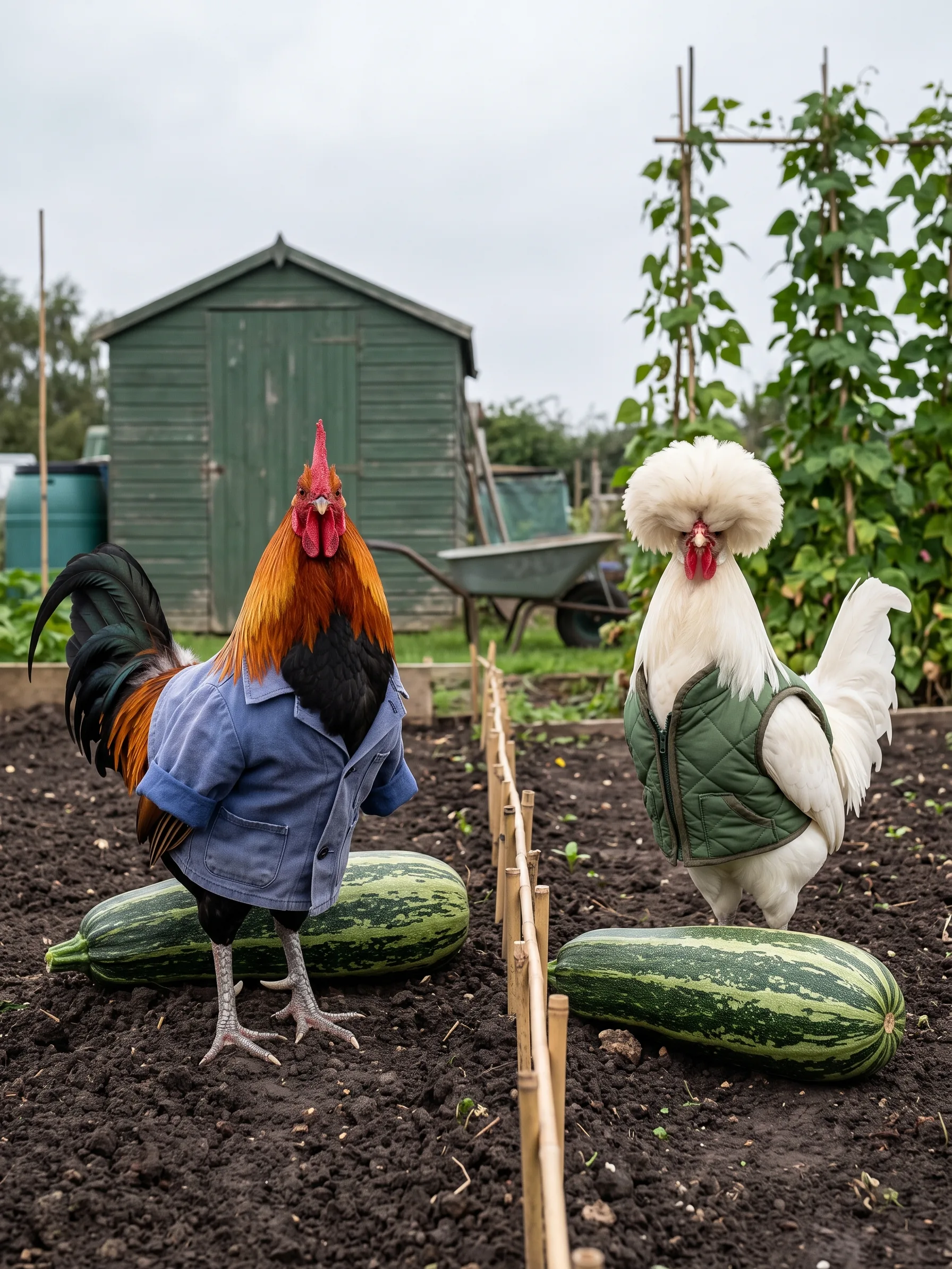 Two roosters on neighbouring allotment plots under a flat overcast sky: a Brown Leghorn with orange-red hackles and a glossy green-black tail in a faded blue cotton chore jacket, and a White Polish rooster with white plumage and a large round white crest in a green quilted gilet, each standing beside an enormous striped green marrow on his own side of a low row of bamboo canes, a green garden shed, a wheelbarrow and runner bean poles behind