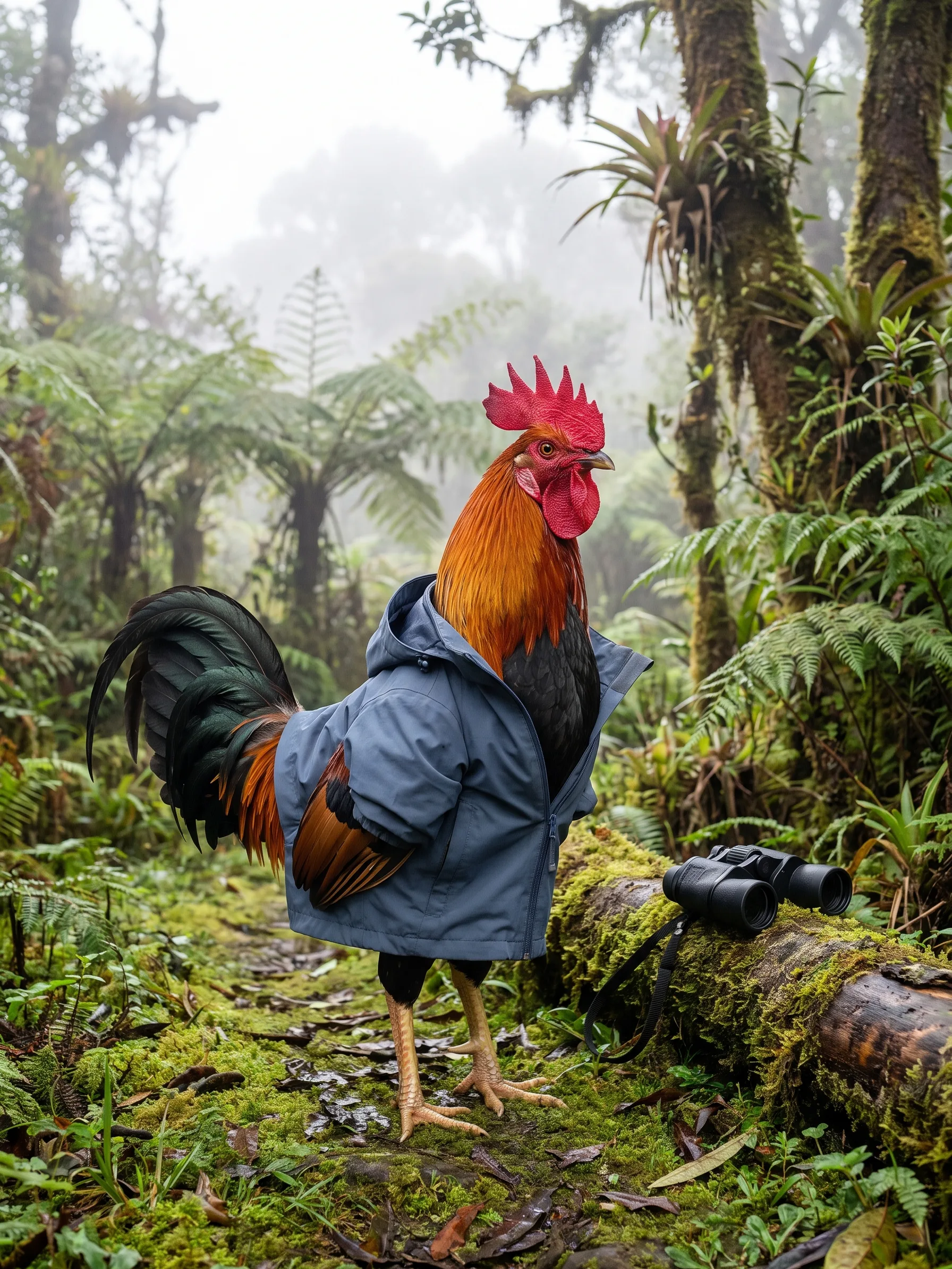 A Brown Leghorn rooster with orange-red hackles, a black breast and a glossy green-black tail in a slate-blue hooded rain jacket, standing on a mossy trail in a misty Andean cloud forest, a pair of binoculars resting on a fallen mossy log beside him, tree ferns, bromeliads and hanging moss in pale filtered light