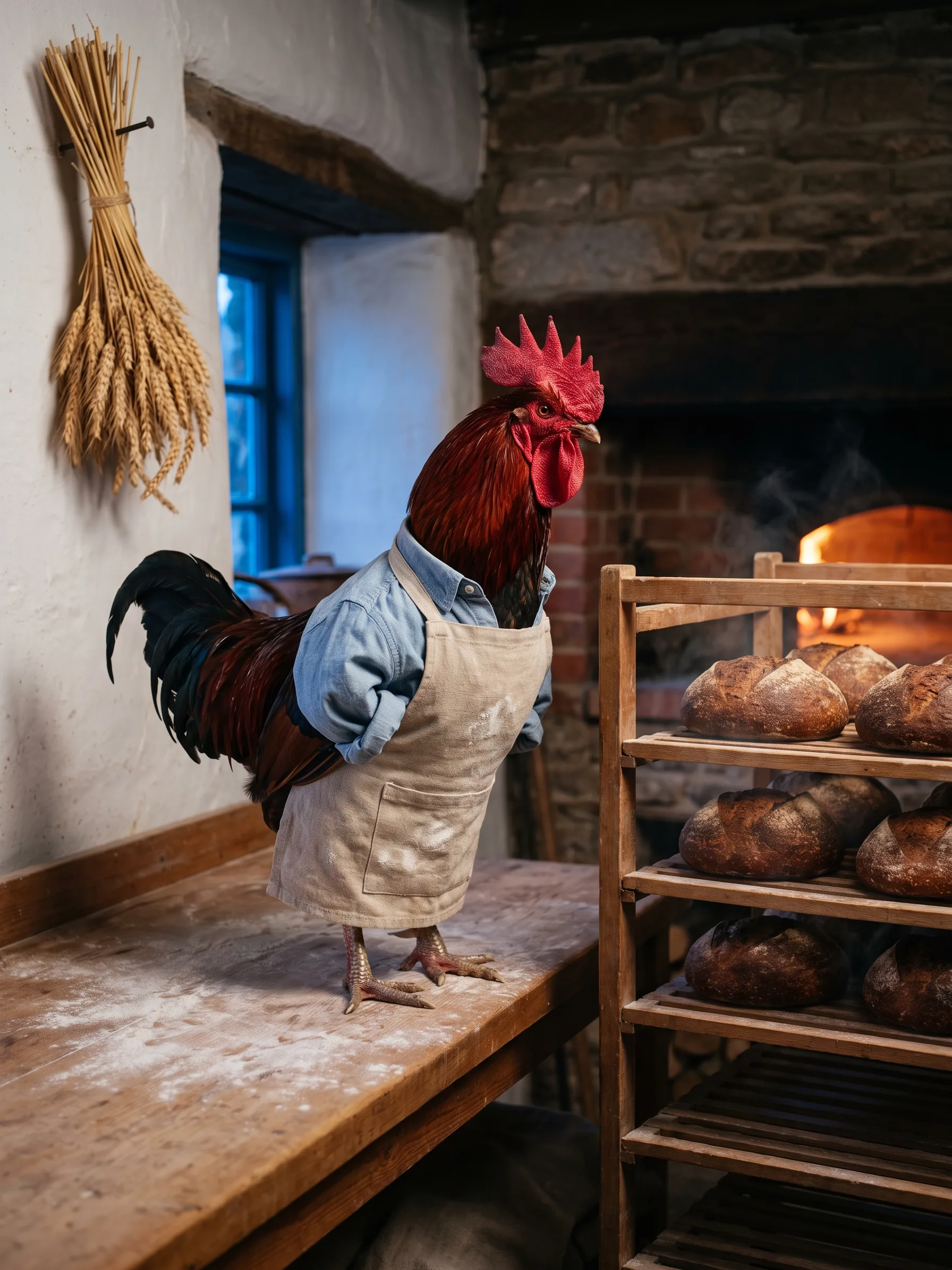 A Red Dorking rooster with deep red and black plumage in a flour-dusted natural linen bib apron over a pale blue chambray shirt, standing on a flour-dusted wooden worktable in a stone village bakery before dawn beside a wooden rack of round crusty loaves, a brick oven glowing behind him, a sheaf of wheat tied with twine hanging on the whitewashed wall and a blue window