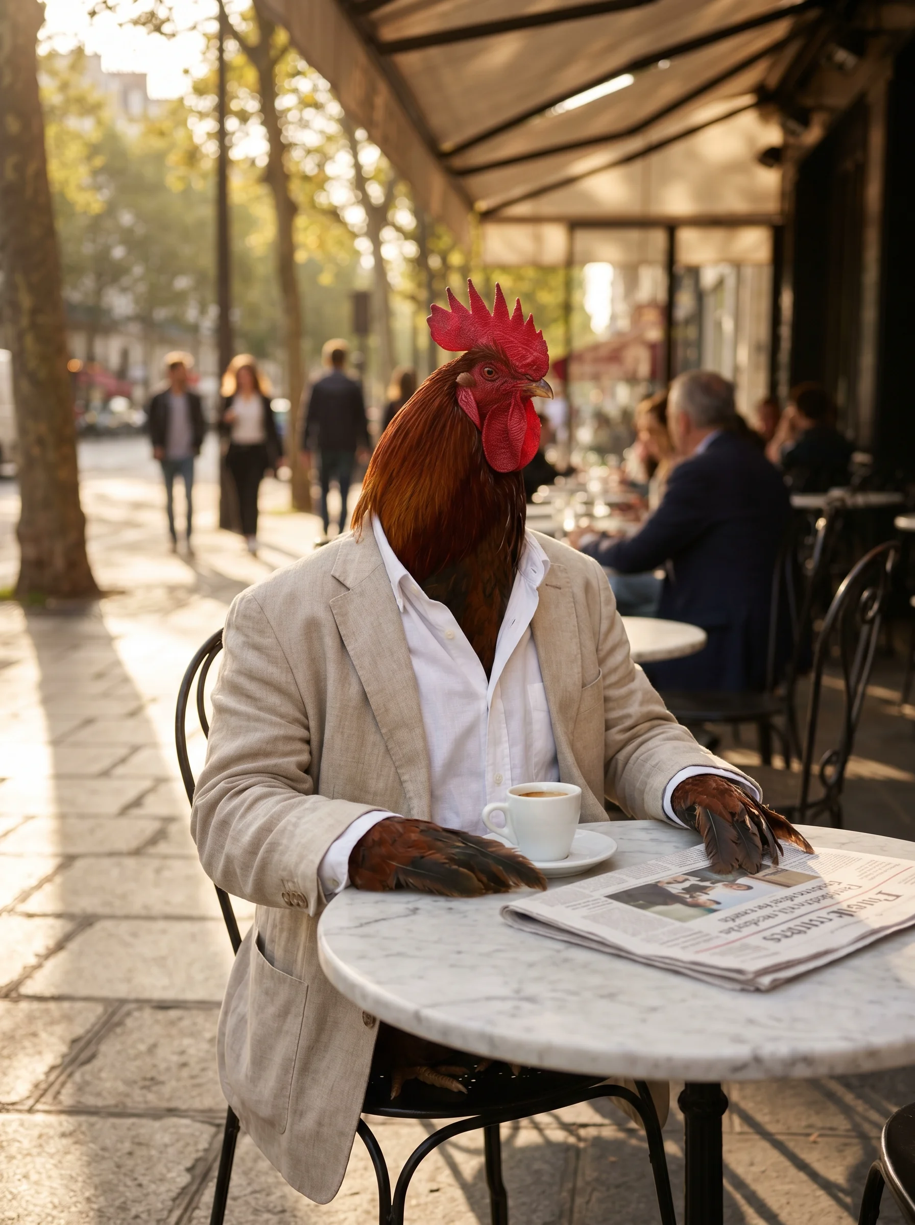 A Welsummer rooster in an oatmeal linen blazer and white open-collar Oxford shirt seated at a marble-topped bistro table at a Parisian sidewalk café, espresso cup and folded newspaper before him, golden evening light casting long shadows on limestone pavement
