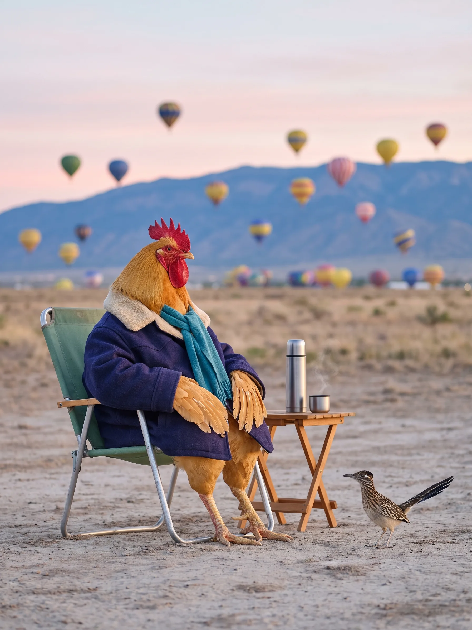 A Buff Plymouth Rock rooster with smooth even golden-buff plumage and a red single comb, in a deep indigo wool ranch jacket with a cream sheepskin collar and a turquoise wool scarf, seated upright like a gentleman in a faded green canvas folding chair on a dusty high-desert field at dawn, folded buff wing feathers resting on his knees and scaled yellow rooster legs with talons planted in the dirt, a steel flask and cup on a small folding table beside him, a roadrunner standing on the ground nearby, dozens of plain brightly coloured hot-air balloons rising into a pink and pale blue sky above a long blue mountain ridge