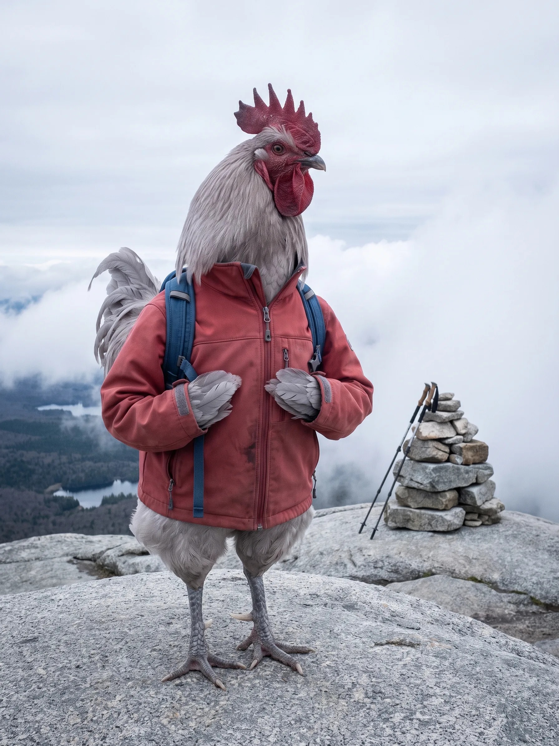A Lavender Orpington rooster with lilac-grey plumage and a red comb, standing upright on a bare granite mountain summit in a faded red softshell jacket with a blue daypack, a cairn of stacked stones beside him with two trekking poles leaning against it, white cloud drifting below and a glimpse of forest and lakes in the valley