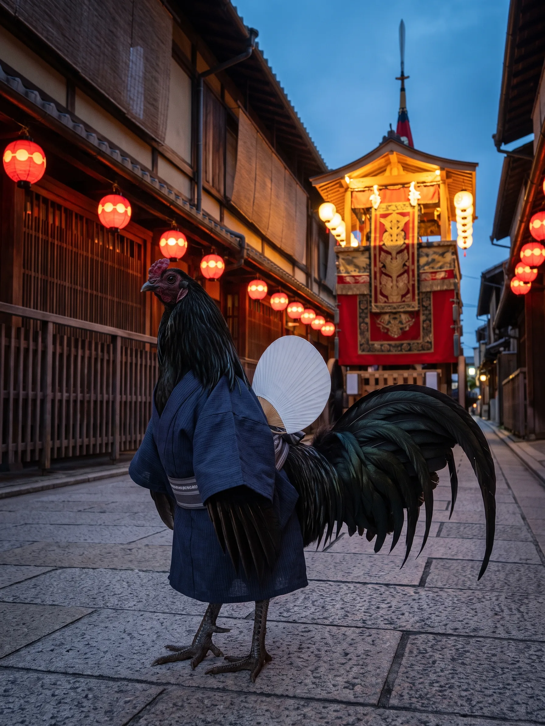 A Black Sumatra rooster with glossy green-black plumage and a long sweeping tail, standing upright like a gentleman in an indigo cotton yukata with a grey sash and a round paper fan tucked into it, in a narrow Kyoto street at dusk beneath strings of glowing red paper lanterns, a tall wooden festival float hung with tapestries behind him