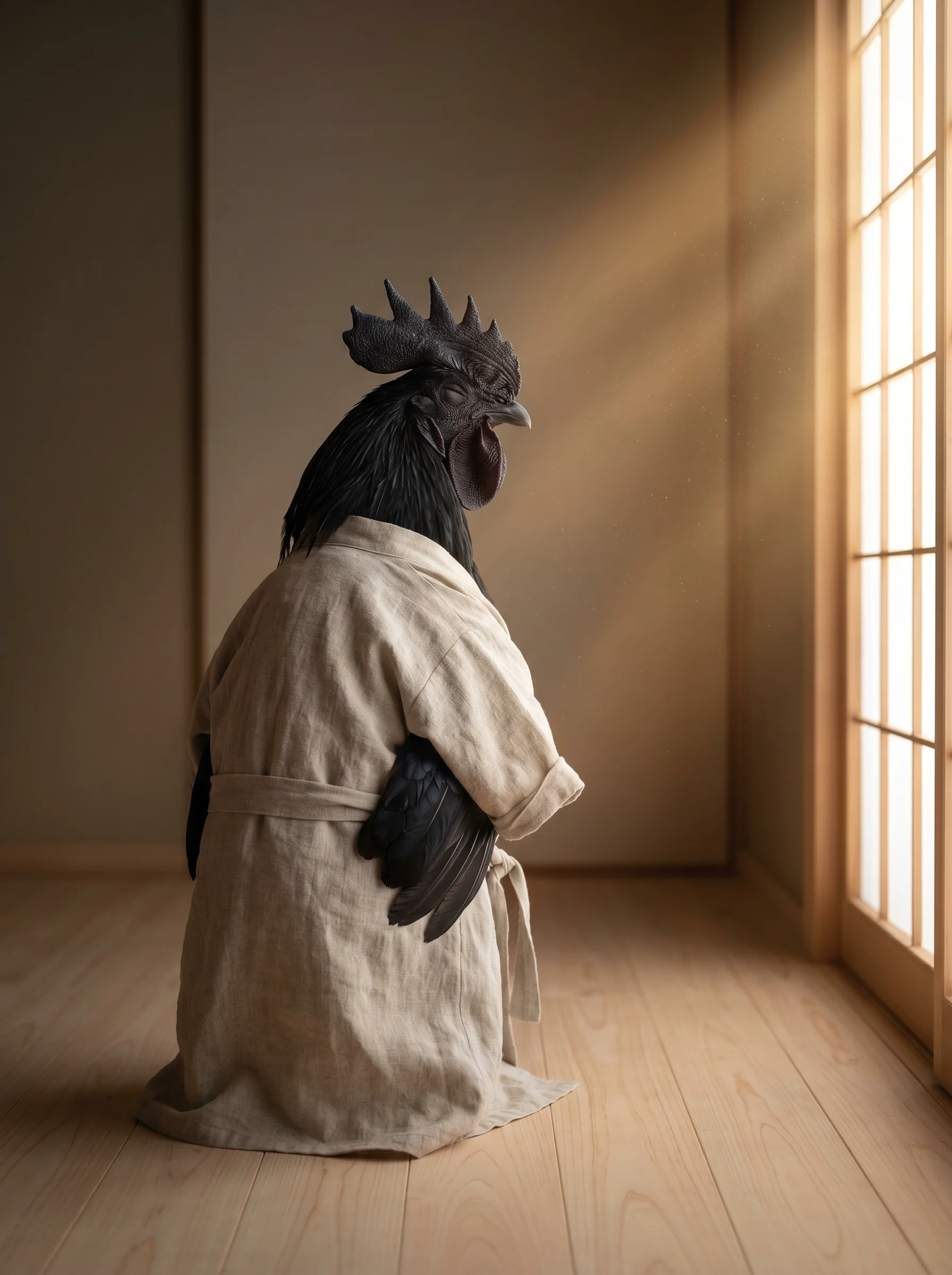 An Ayam Cemani rooster in an oatmeal linen robe kneeling in a minimalist Japanese room with pale wood floors, facing a shoji screen window with golden morning light streaming through, dust motes suspended in the beam, seen from behind in three-quarter view