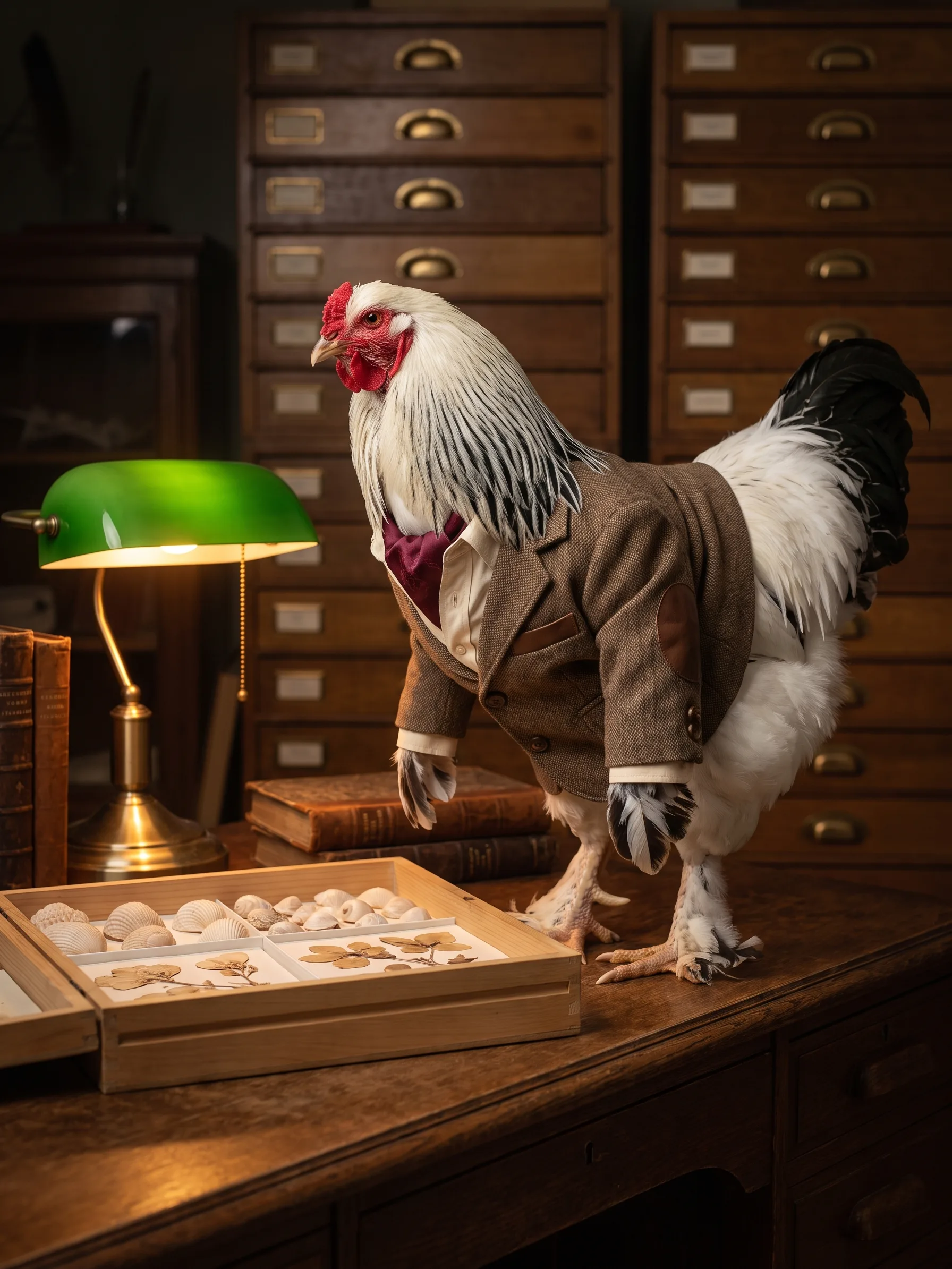 A Light Brahma rooster with white plumage, a black-striped neck hackle and feathered feet, in a brown tweed jacket with leather elbow patches and a burgundy cravat, standing on an oak desk in a dim natural history museum archive and peering into an open specimen drawer of shells and pressed leaves, wooden specimen cabinets with brass handles behind him and a green-shaded banker's lamp glowing