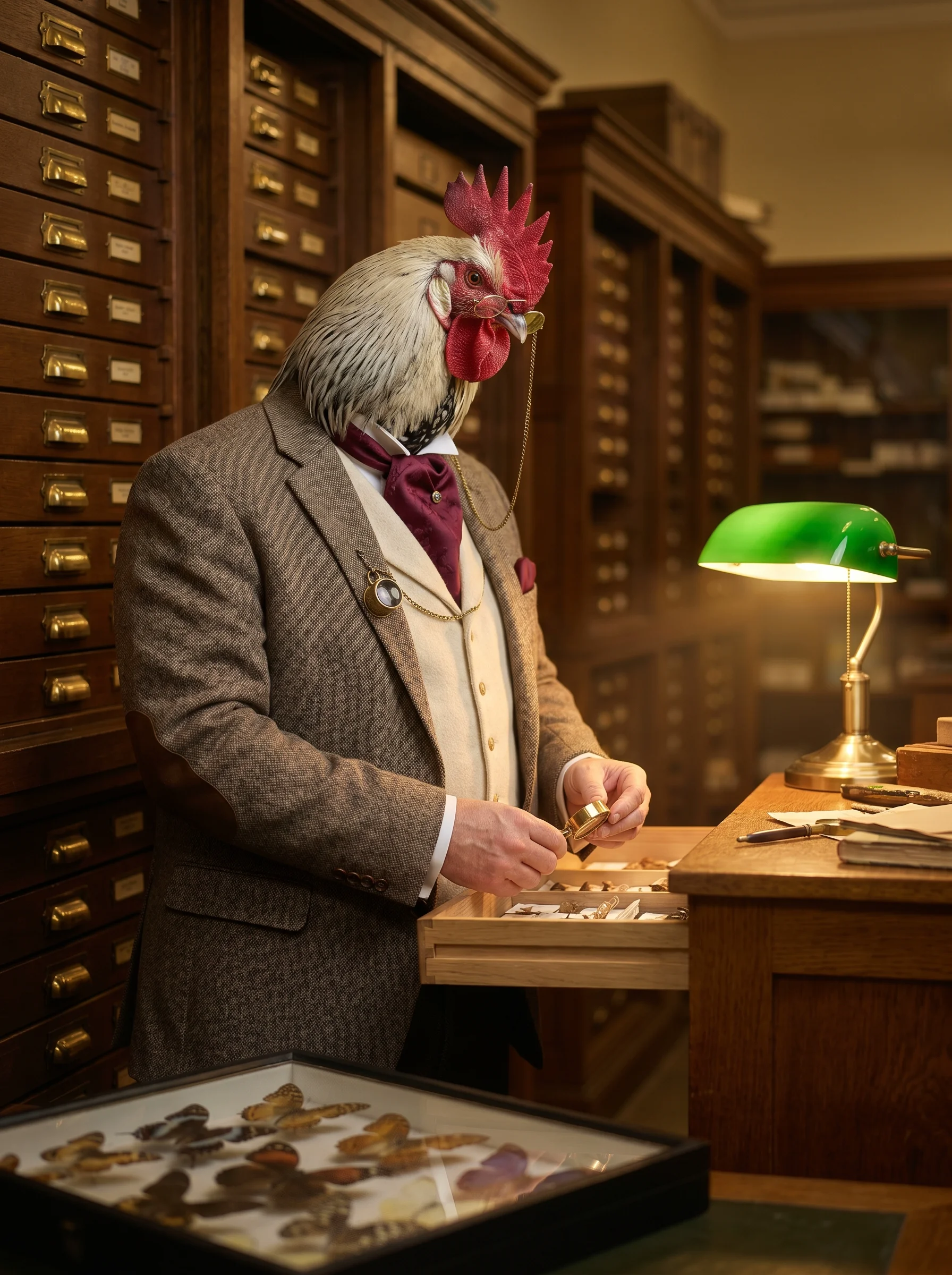 A Silver Spangled Hamburg rooster in a brown tweed jacket with leather elbow patches and burgundy cravat, standing at an oak desk examining a specimen drawer in a dimly lit natural history museum archive, rows of wooden specimen cabinets with brass labels behind him, a green-shaded banker's lamp casting warm amber light, a glass case of pinned butterflies in the foreground