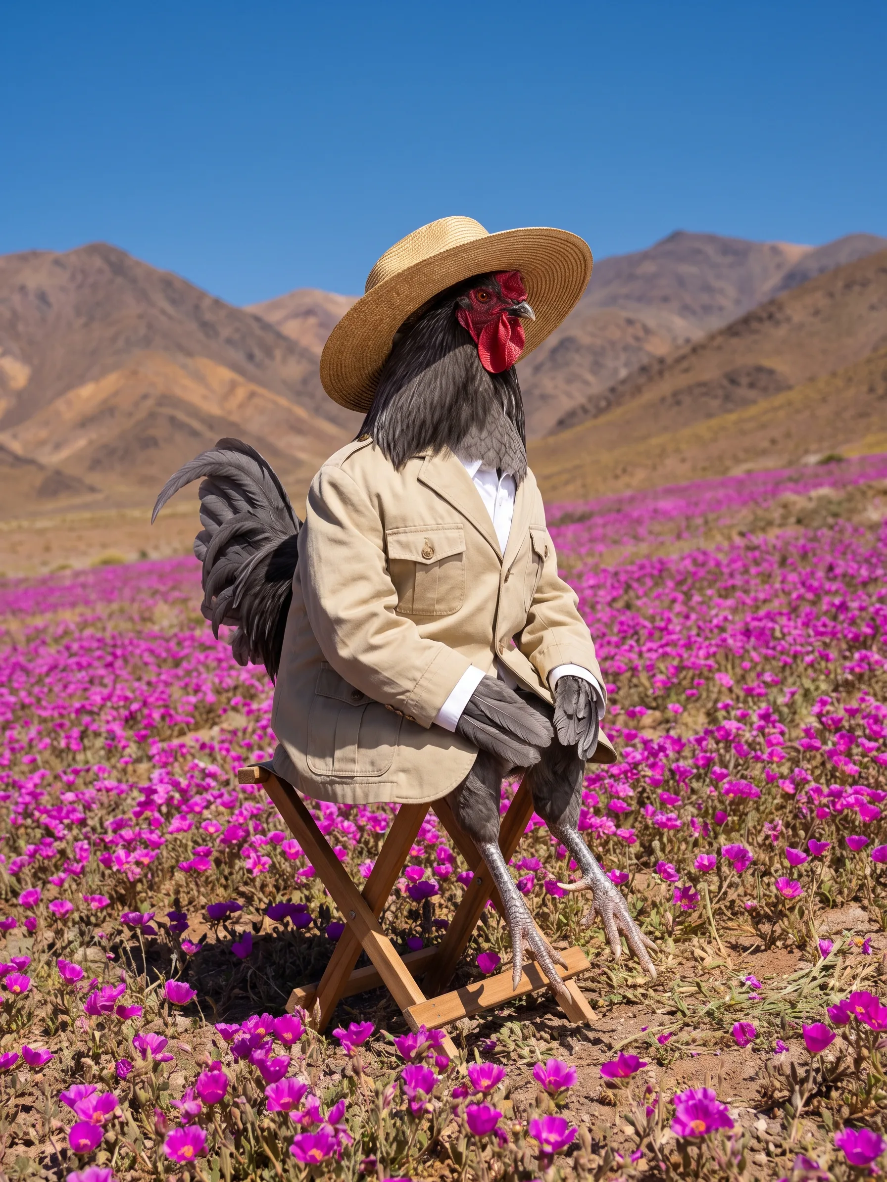 A Cuckoo Marans rooster with smooth dark slate-grey plumage in a pale khaki cotton drill jacket over a white shirt and a wide-brimmed straw hat, seated upright like a gentleman on a low folding wooden camp stool, his scaled grey rooster legs reaching to the ground, among broad-petalled magenta desert wildflowers covering a slope in the Atacama Desert at noon, bare brown mountains and a cloudless deep-blue sky behind