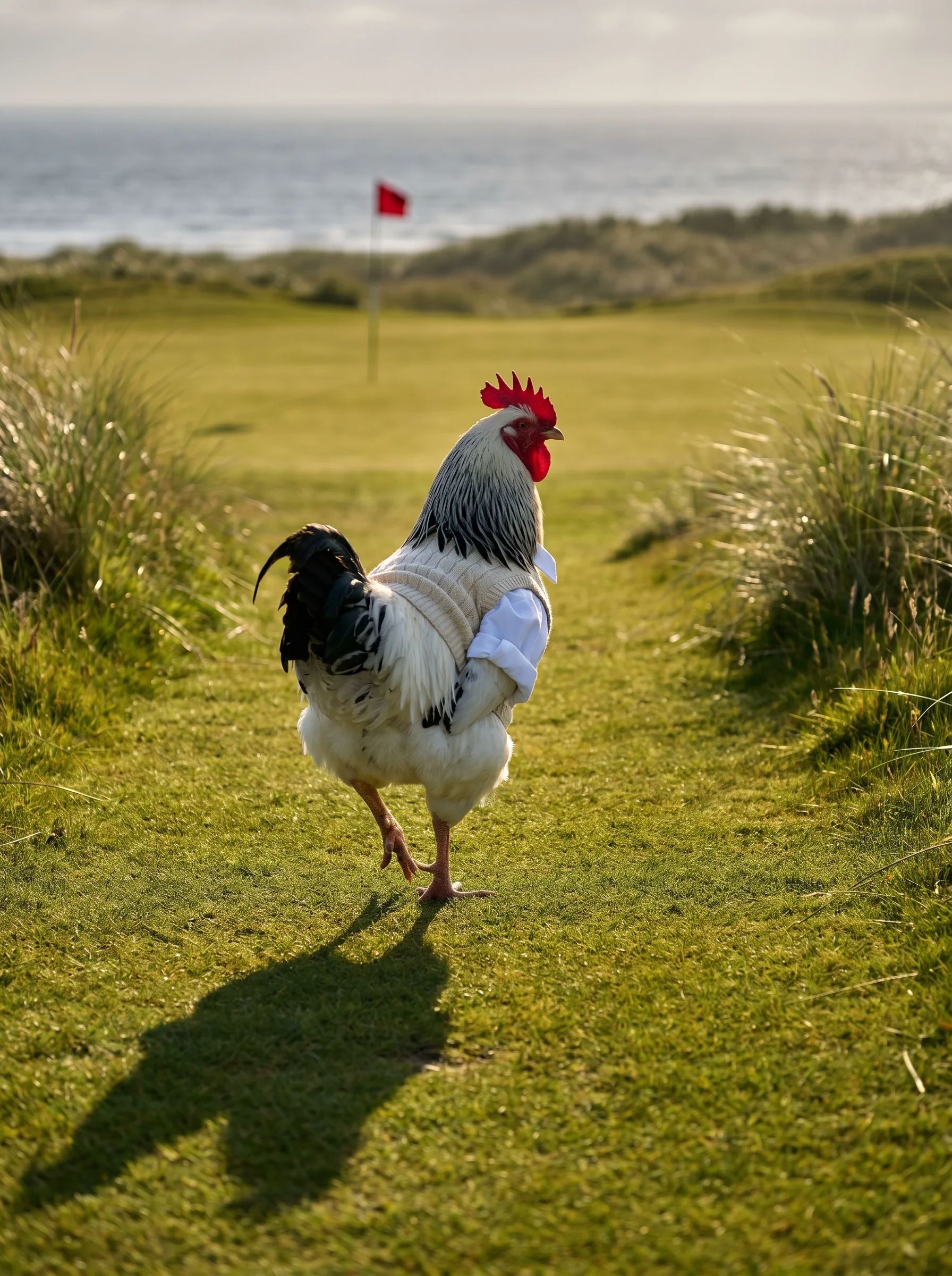 A Light Sussex rooster with white plumage and black neck feathering in a cream cable-knit sweater vest, walking away from camera along a links golf course fairway at golden hour, a red flag stick on the green ahead, the Atlantic Ocean visible on the horizon, tall fescue rough framing the fairway, long shadow stretching toward camera