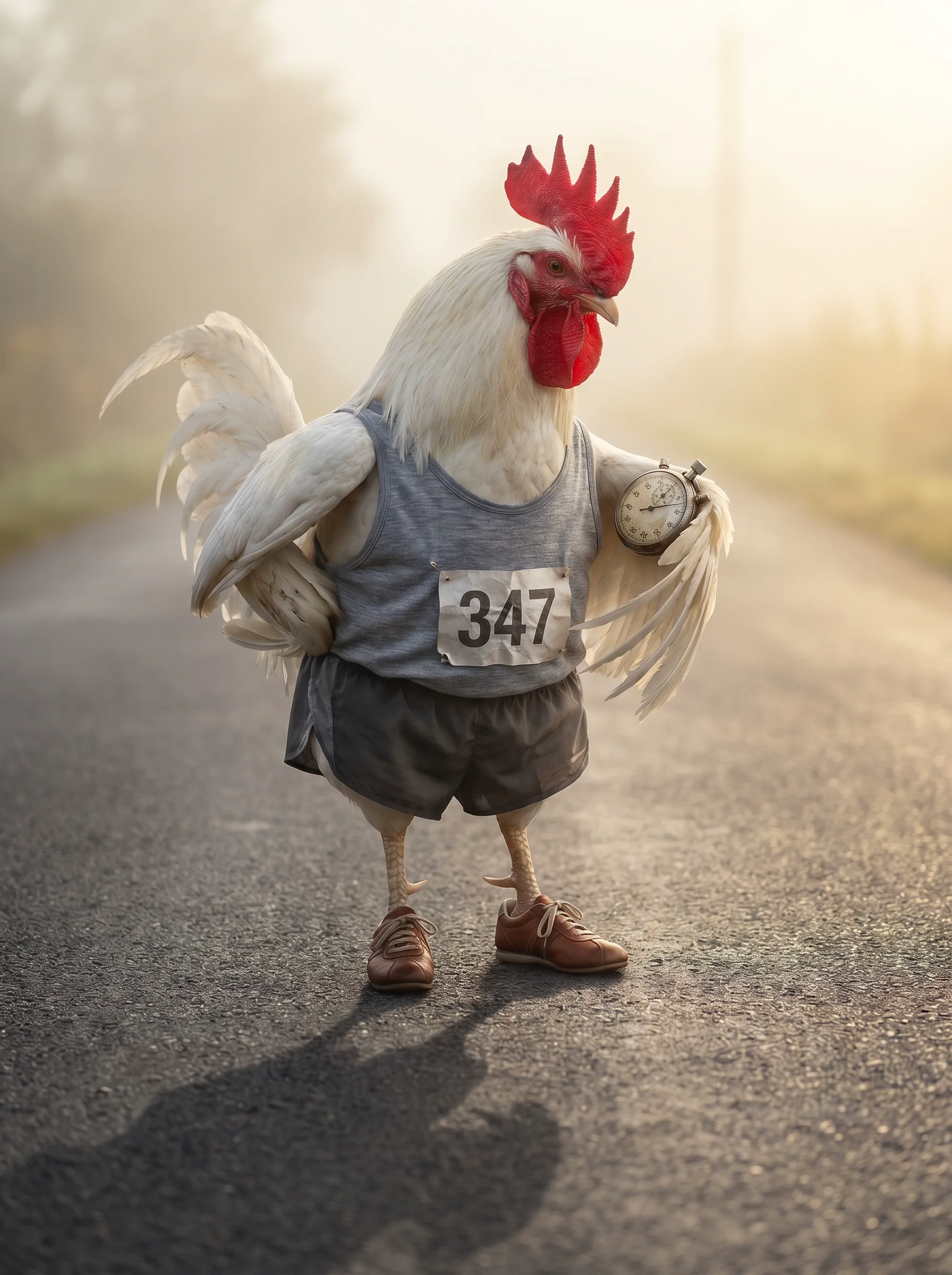 A White Leghorn rooster in a heather-grey running singlet with race number 347, dark split shorts, and retro leather running shoes, standing on an empty misty road at dawn holding a stopwatch, golden backlight casting a long shadow