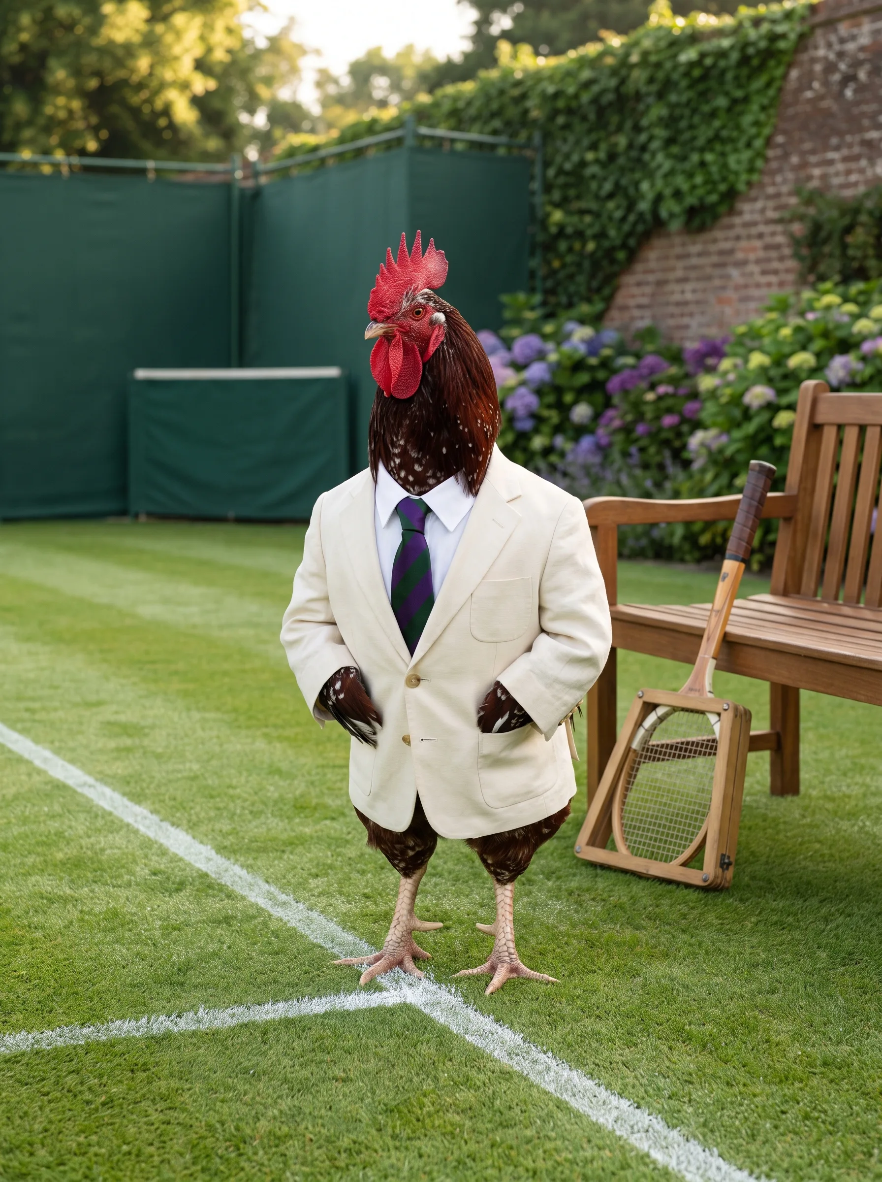 A Speckled Sussex rooster with mahogany plumage flecked with white in a cream linen blazer, white shirt and green-and-purple striped tie, standing at the corner of the baseline on an immaculate grass tennis court, a wooden racquet in its press leaning against a slatted bench, dark green backstops, an ivy-covered brick wall and purple hydrangeas behind
