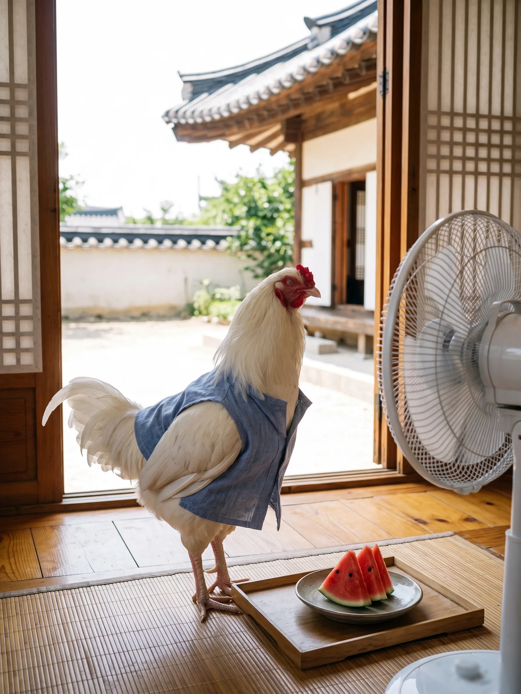 An Ixworth rooster with pure white plumage and a red comb in a loose sleeveless pale indigo hemp shirt, standing on a bamboo mat on the polished wooden floor of a traditional Korean hanok facing an electric fan, a plate of sliced watermelon on a tray beside him, paper-screen doors open to a sun-bleached courtyard