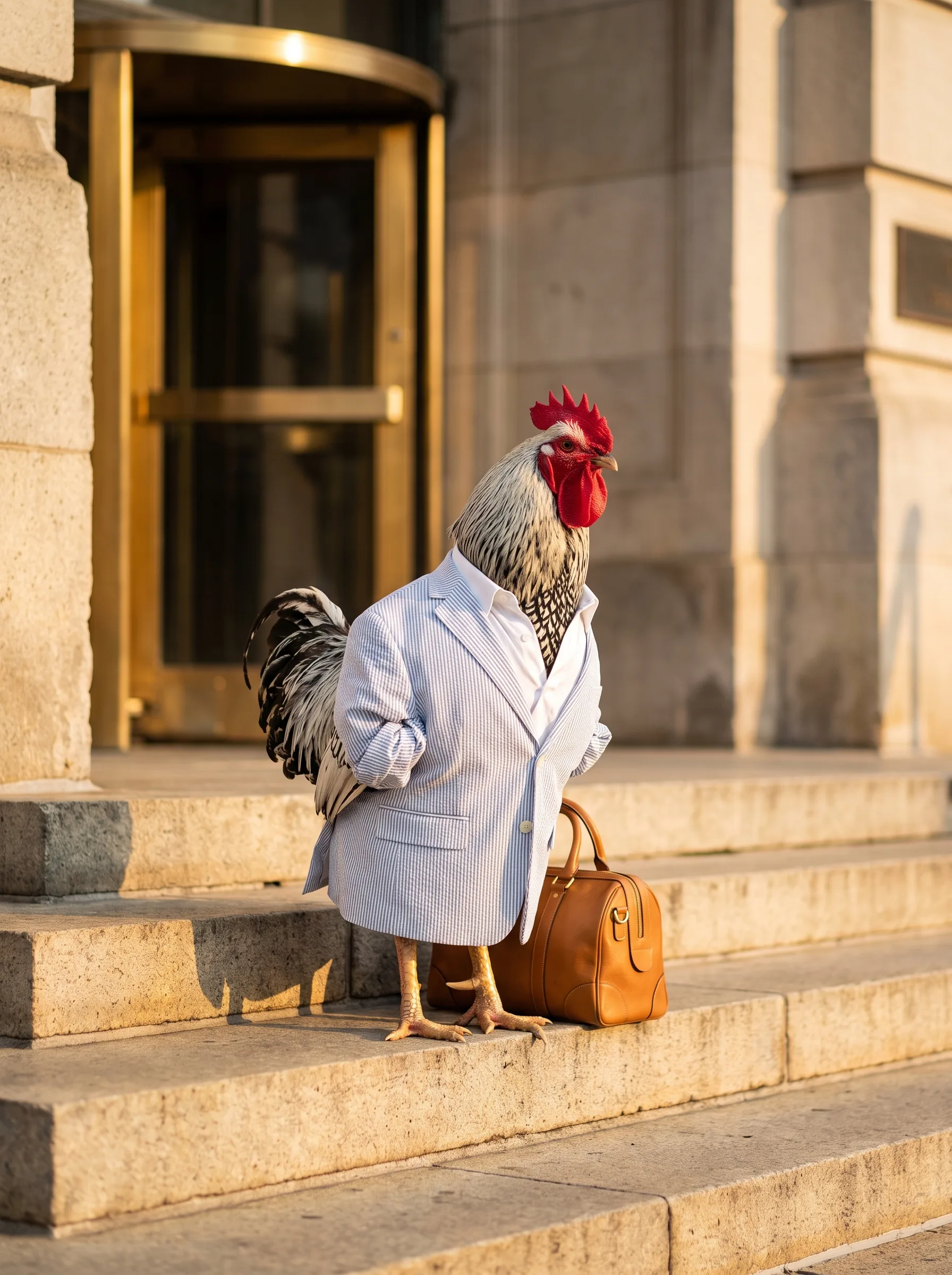 A Silver-Laced Wyandotte rooster with black-and-silver hackles in a pale blue-and-white seersucker jacket over an open-collared white shirt, standing on sunlit limestone steps outside a city office building beside a tan leather weekend bag, a brass revolving door behind him in warm late-afternoon light