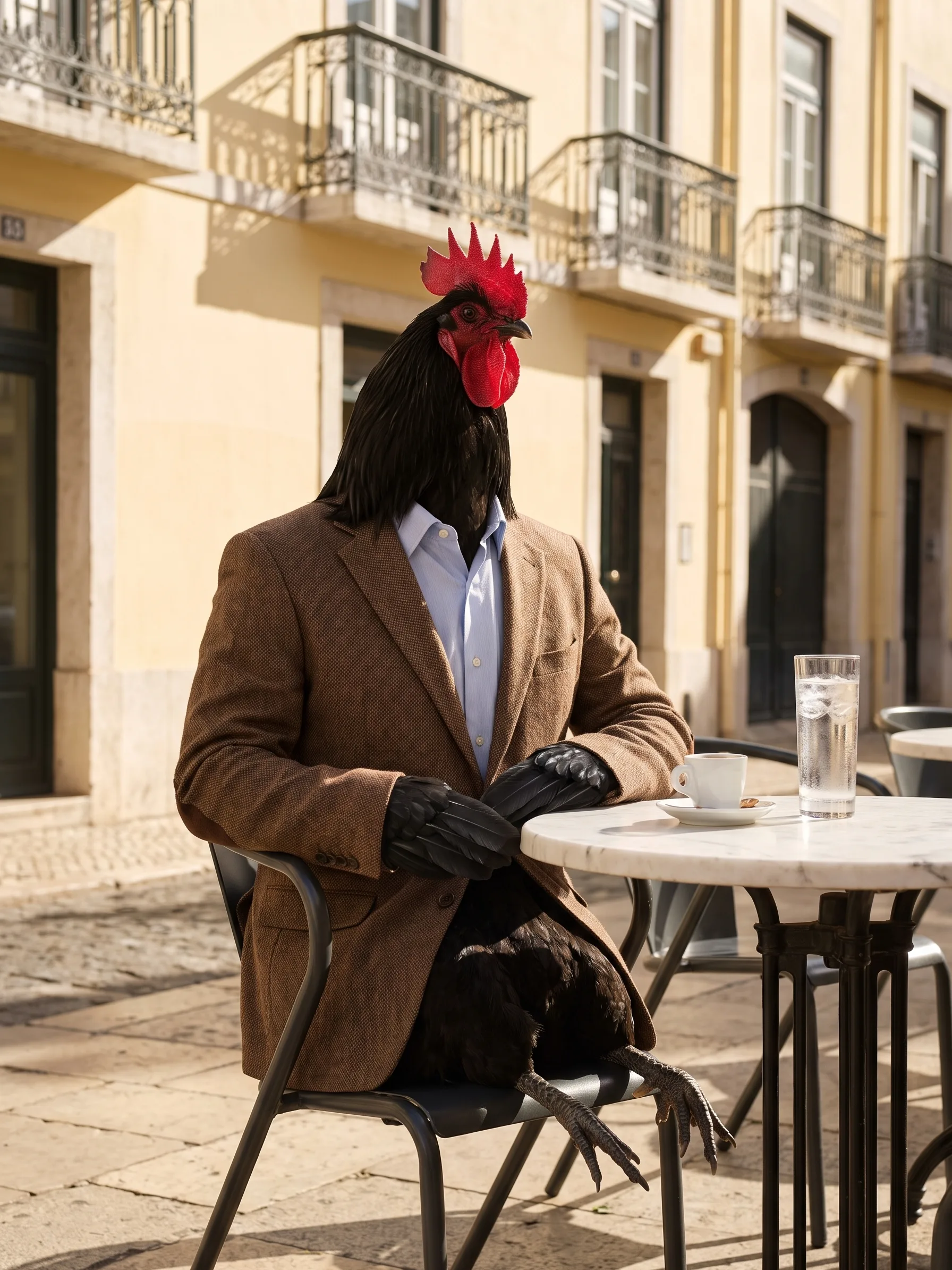 A Black Java rooster with glossy black plumage shot with green in a brown tweed jacket and a pale blue shirt, seated upright on a café chair at a small round marble table on a sunny pavement terrace in Lisbon, folded wing feathers resting on the table edge and scaled rooster legs below, a small espresso cup and a tall glass of iced water on the table, pastel yellow facades with wrought-iron balconies behind in hot autumn sunshine