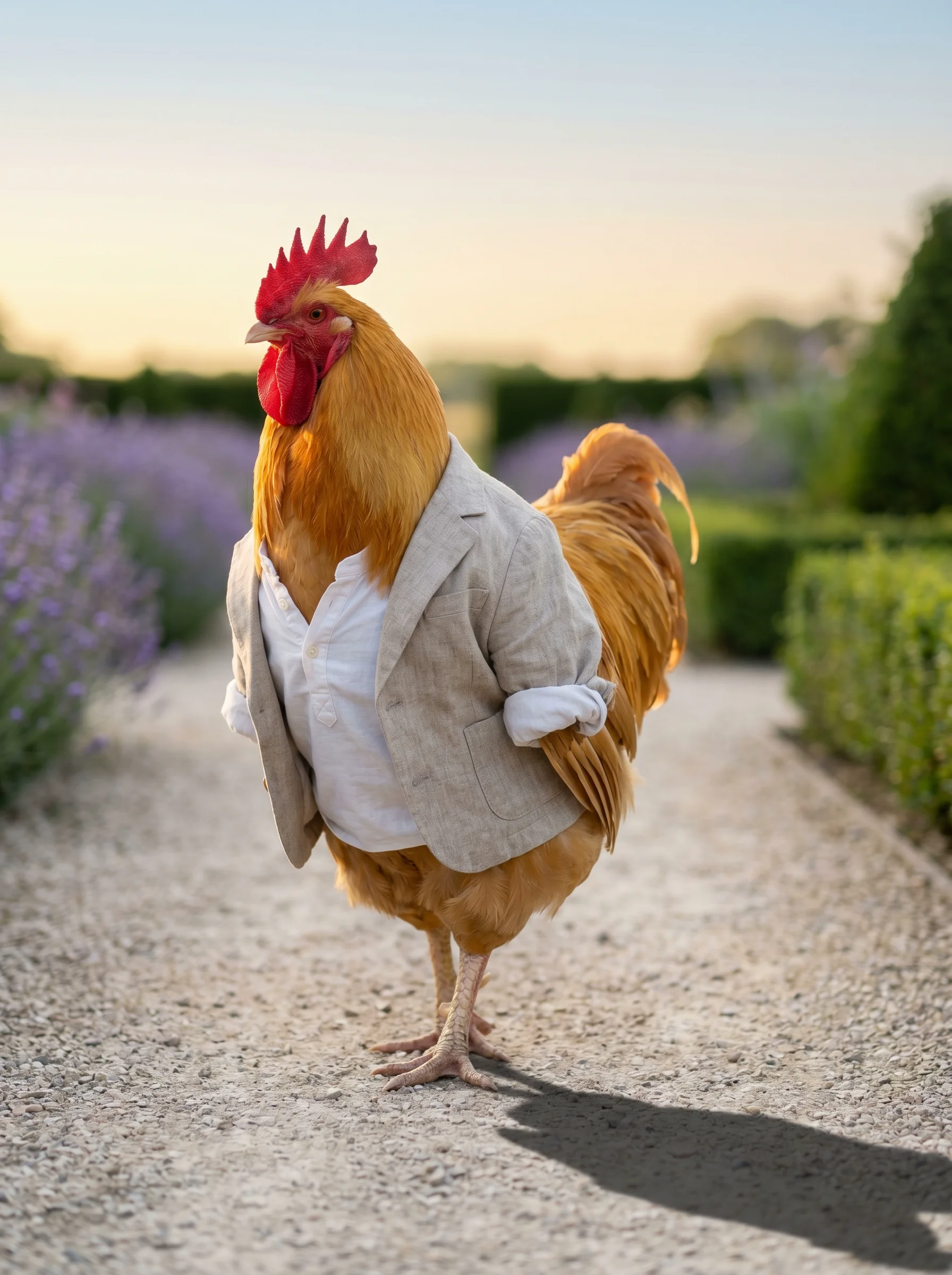 A Buff Orpington rooster with golden-amber plumage in a rumpled oatmeal linen blazer over a white collarless shirt, walking along a pale gravel path in a formal English garden at golden hour, lavender borders and clipped boxwood hedges in soft bokeh, luminous pale gold sky fading to blue, long shadow stretching behind him on the gravel