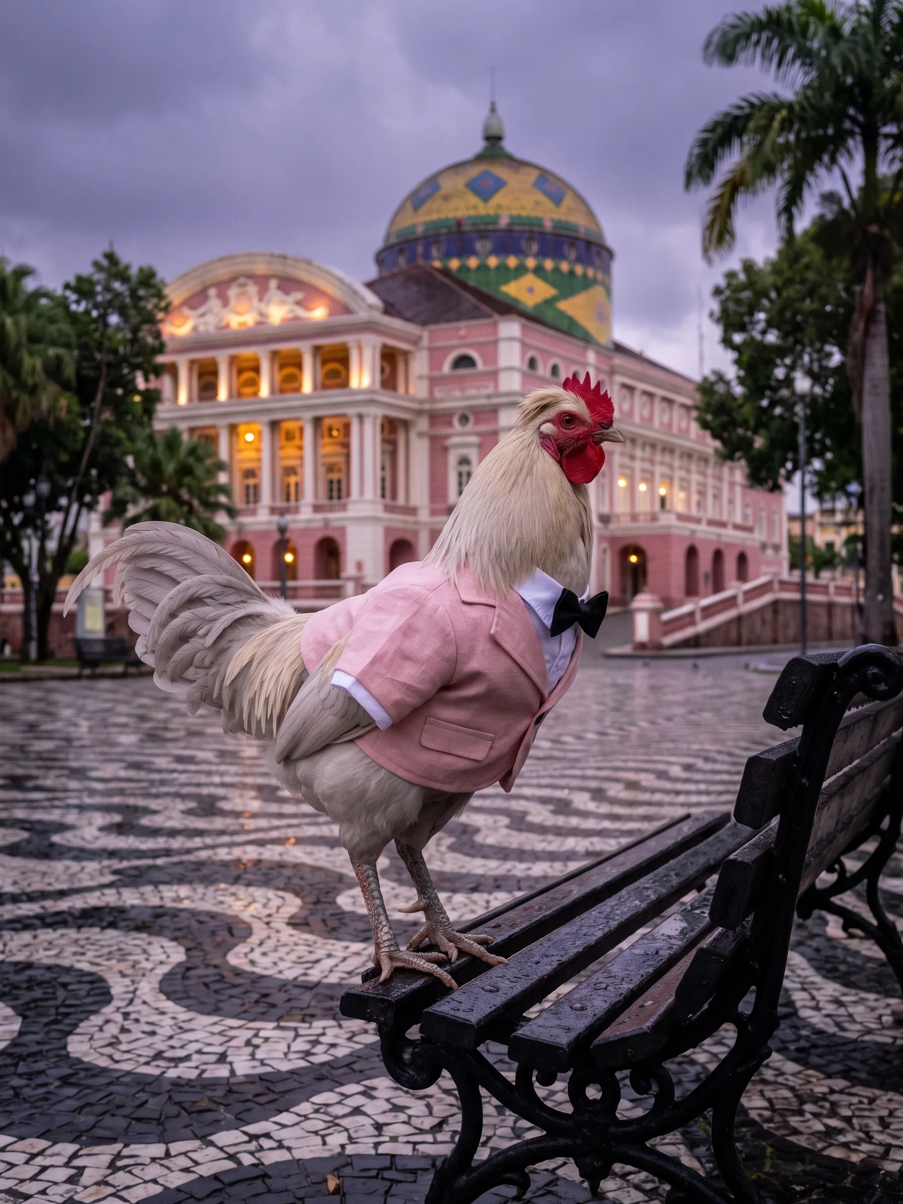 A Cream Legbar rooster with a soft crest and pale cream-grey plumage in a pale pink linen jacket and a black bow tie, perched on a black park bench in a square paved in black-and-white wave-patterned stone mosaic, the rose-pink neoclassical Teatro Amazonas with its coloured dome behind him, wet paving shining after tropical rain at dusk