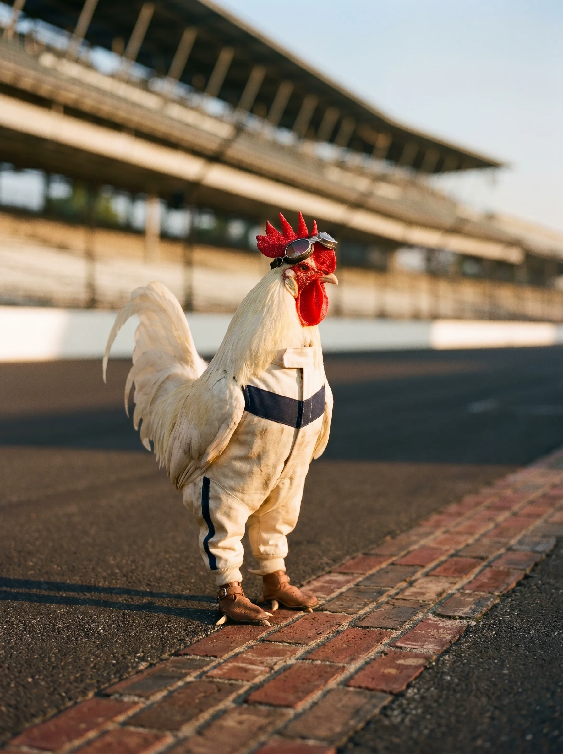 A White Leghorn rooster in a vintage ivory racing suit with navy stripe and aviator goggles perched on his head, standing alone on an empty oval racetrack at golden dawn, a strip of old red bricks at his feet, massive empty grandstands rising behind him in warm bokeh