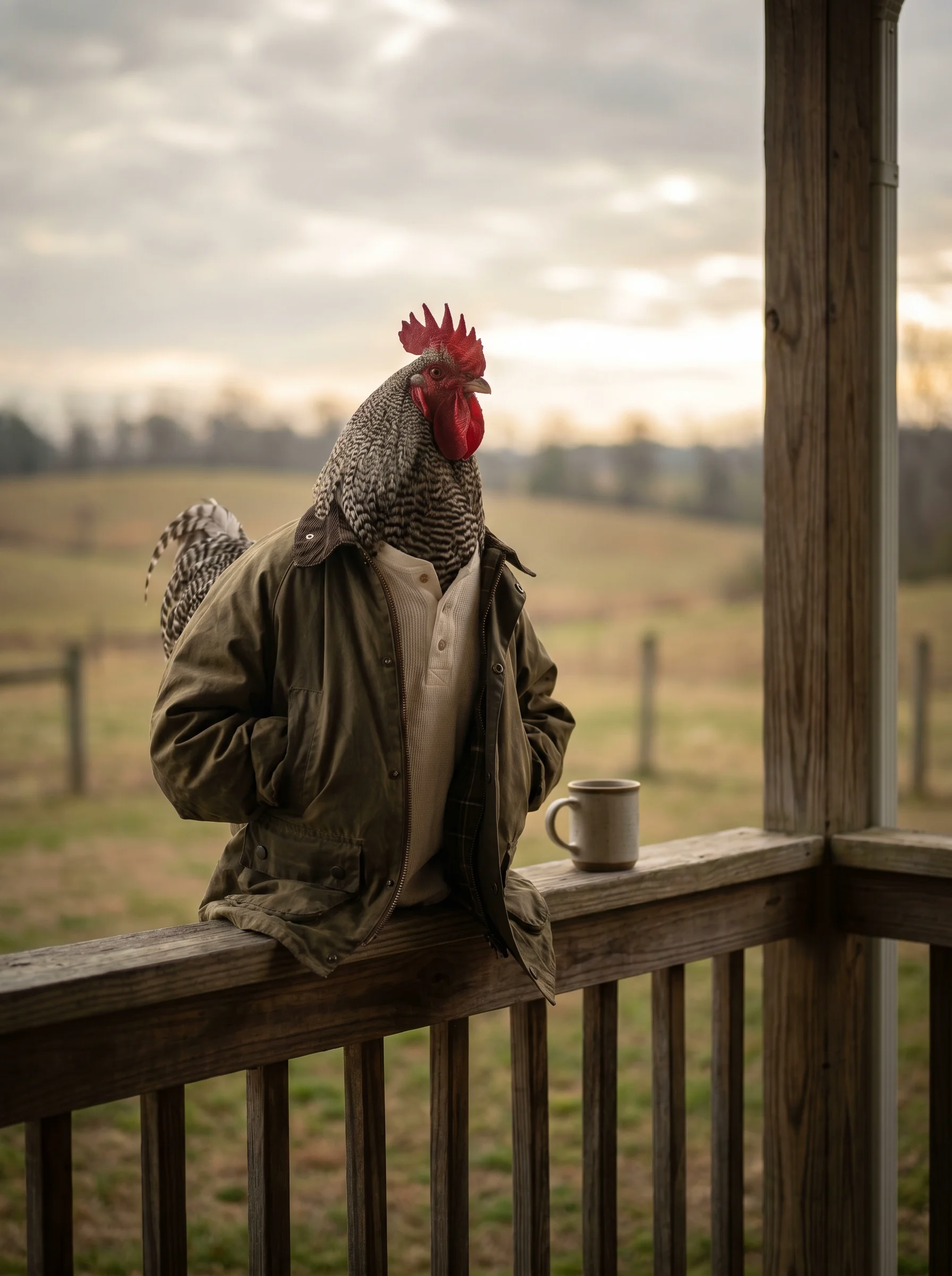 A Barred Plymouth Rock rooster in a worn olive waxed cotton field jacket over a cream henley, leaning against the railing of a weathered wooden farmhouse porch with a ceramic coffee mug beside him, overcast dawn sky and rolling meadow with fence posts in soft bokeh behind