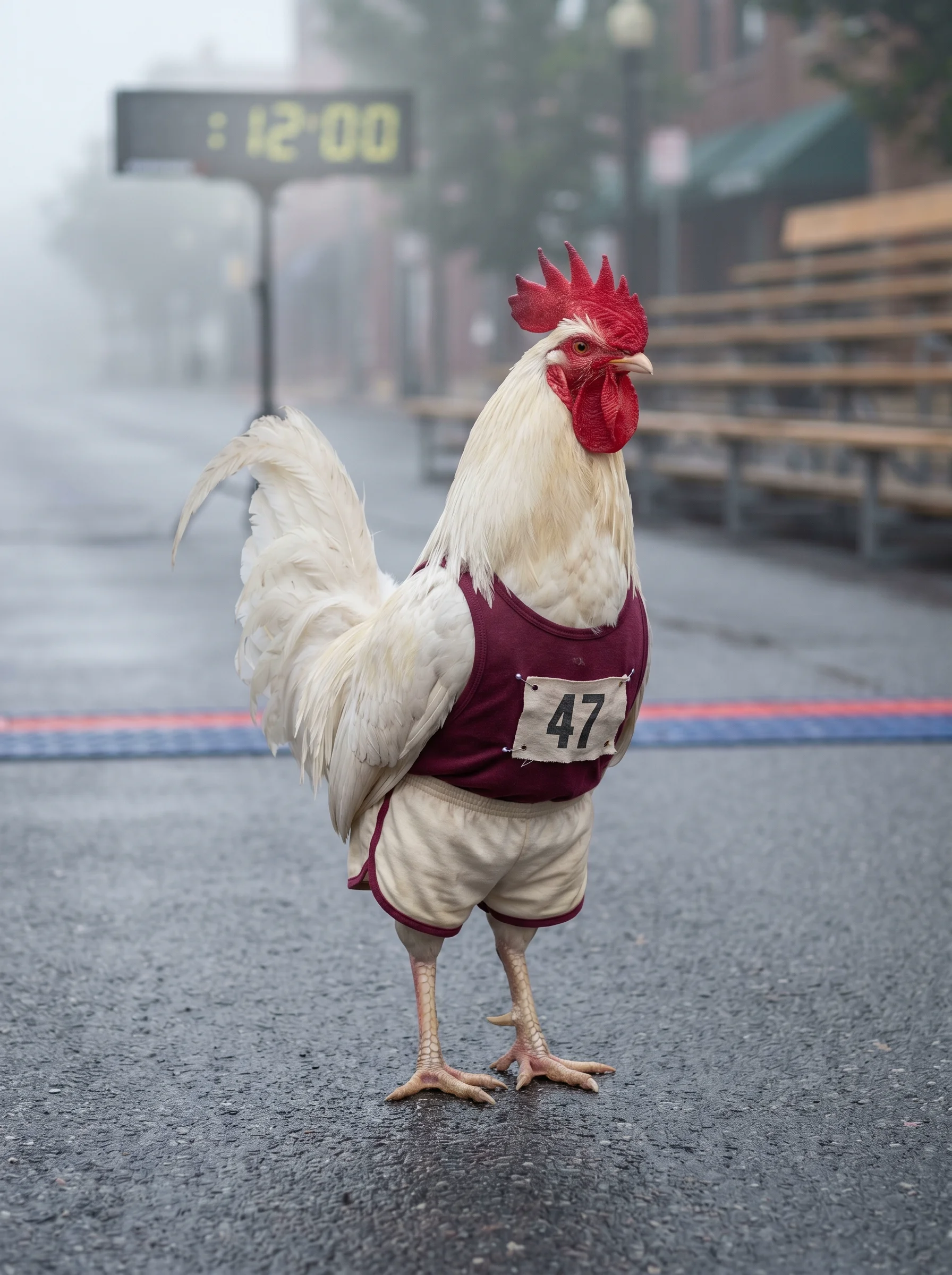 A White Leghorn rooster in a vintage burgundy running singlet with race number 47 pinned to his chest and cream shorts, standing on a misty empty marathon finish line at dawn, timing clock blurred in the background, wet asphalt reflecting morning light