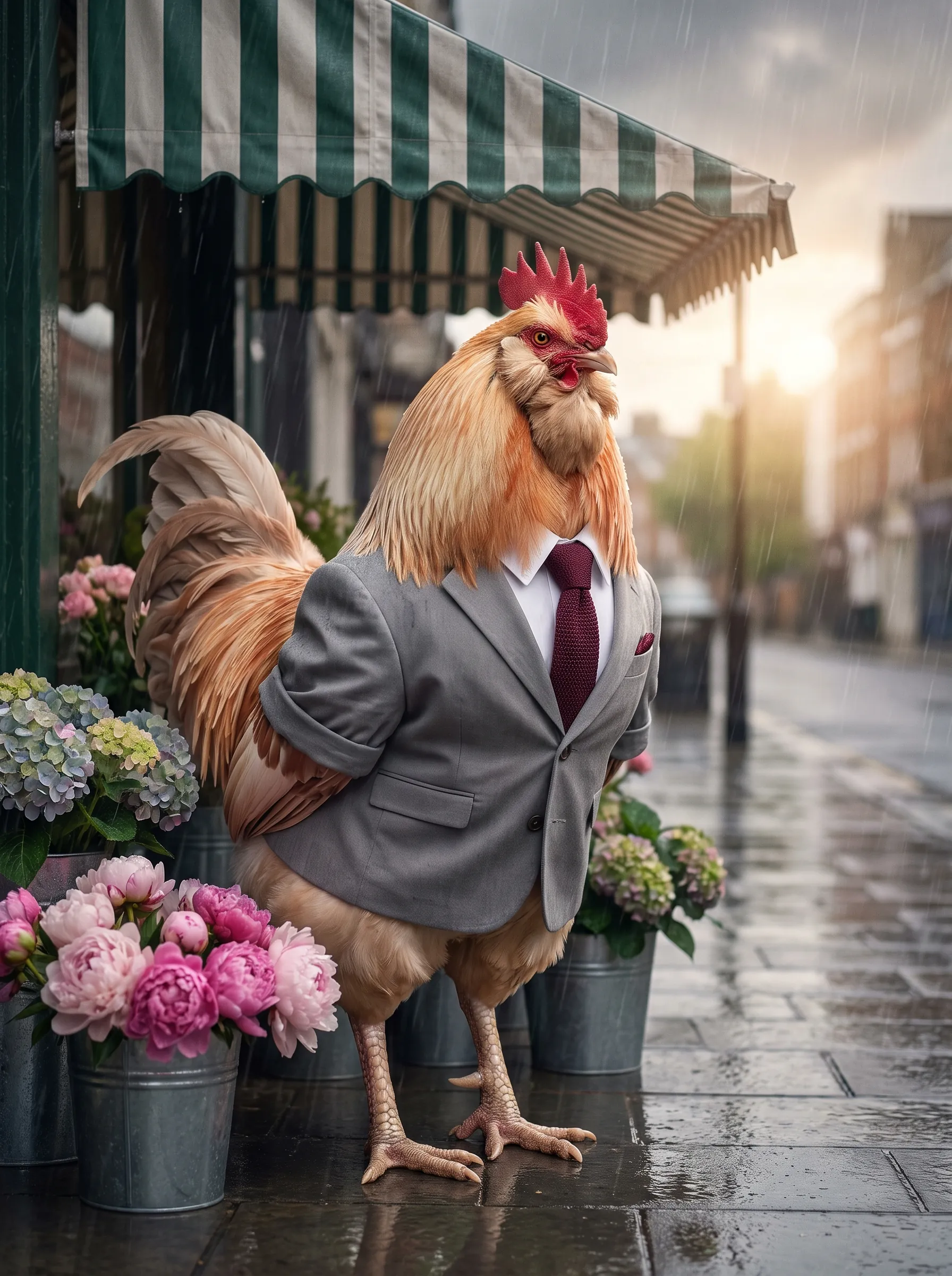A Salmon Faverolles rooster with salmon and cream plumage and a feathered beard in a dove-grey blazer, white shirt and burgundy knitted tie, standing under the striped green awning of a florist on a wet city pavement, buckets of pink peonies and hydrangeas around him, summer rain falling as sunlight breaks through