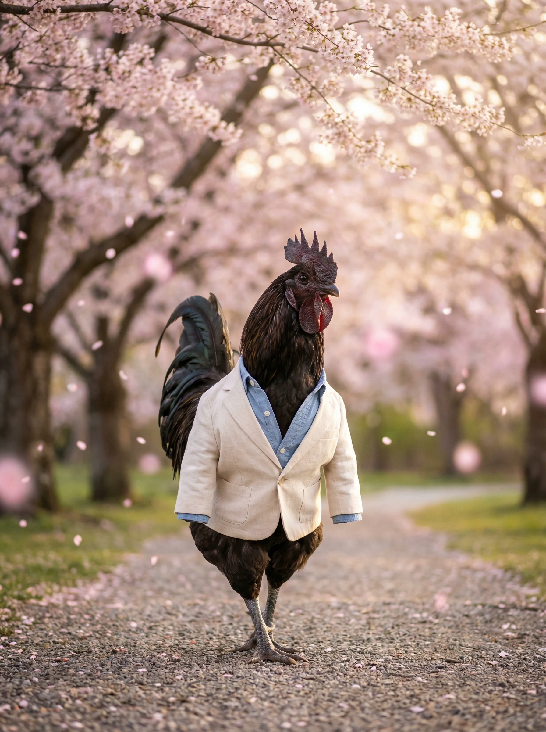 A Black Copper Marans rooster in a cream linen blazer over a pale blue chambray shirt walking alone down a gravel path beneath a canopy of cherry blossom trees in full bloom, pink petals drifting around him in golden afternoon light