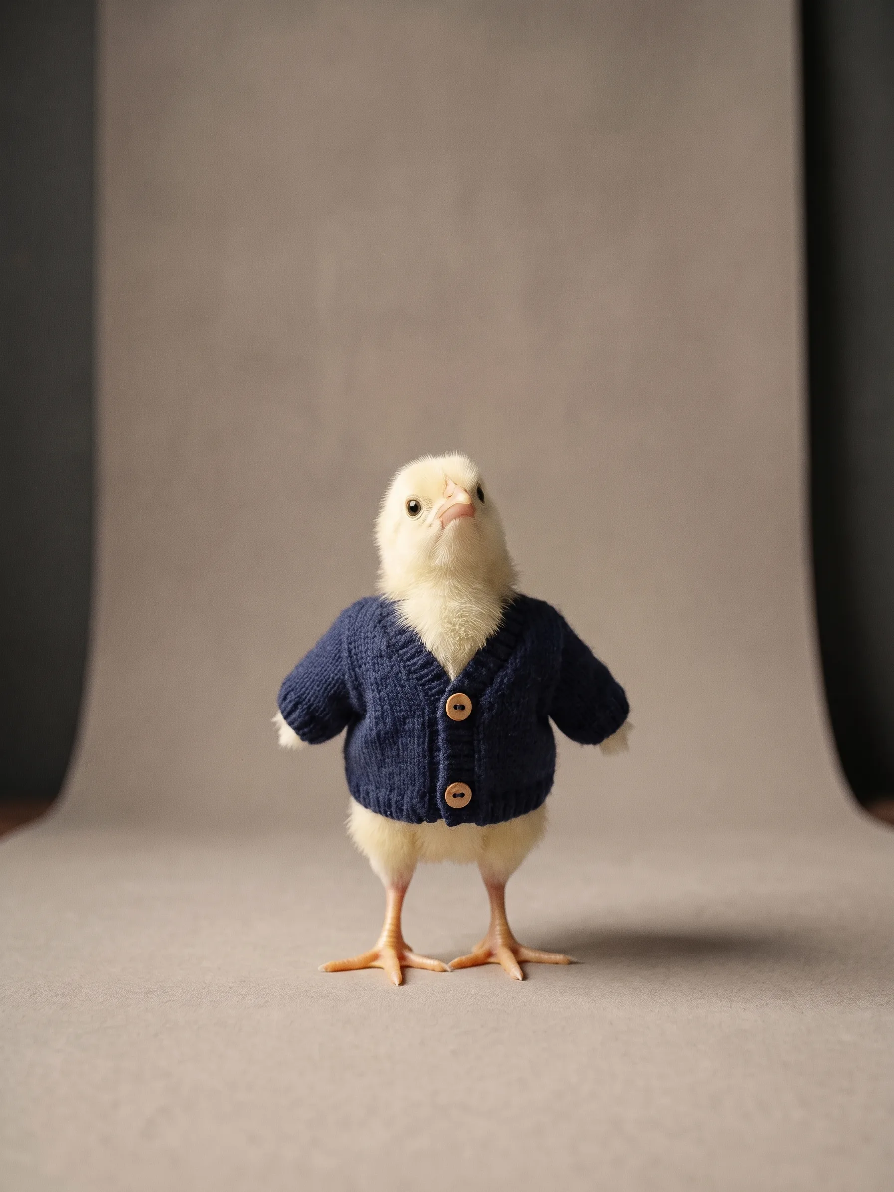 Pip, a fluffy pale-yellow chick in a hand-knitted navy cardigan, standing very upright and facing the camera, small in the middle of a warm grey studio backdrop