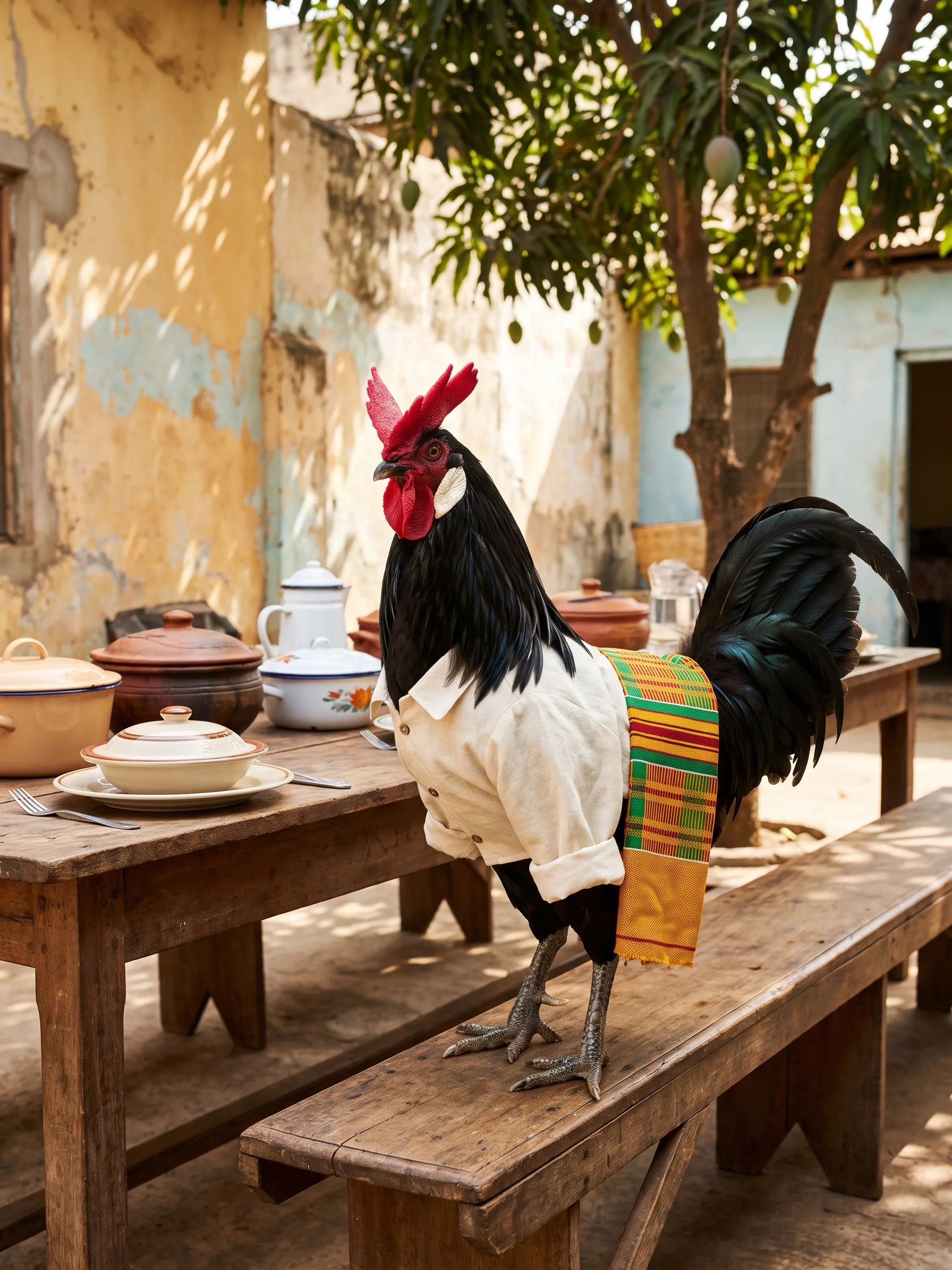 A La Flèche rooster with glossy black plumage, a white earlobe and a red V-shaped comb in an ivory linen shirt with a stole of gold, green and red kente cloth over one shoulder, standing on a wooden bench beside a long table laid with covered clay pots, enamel dishes and a water jug in the sunlit courtyard of an old house in Accra, ochre and pale blue walls and a mango tree with fruit behind