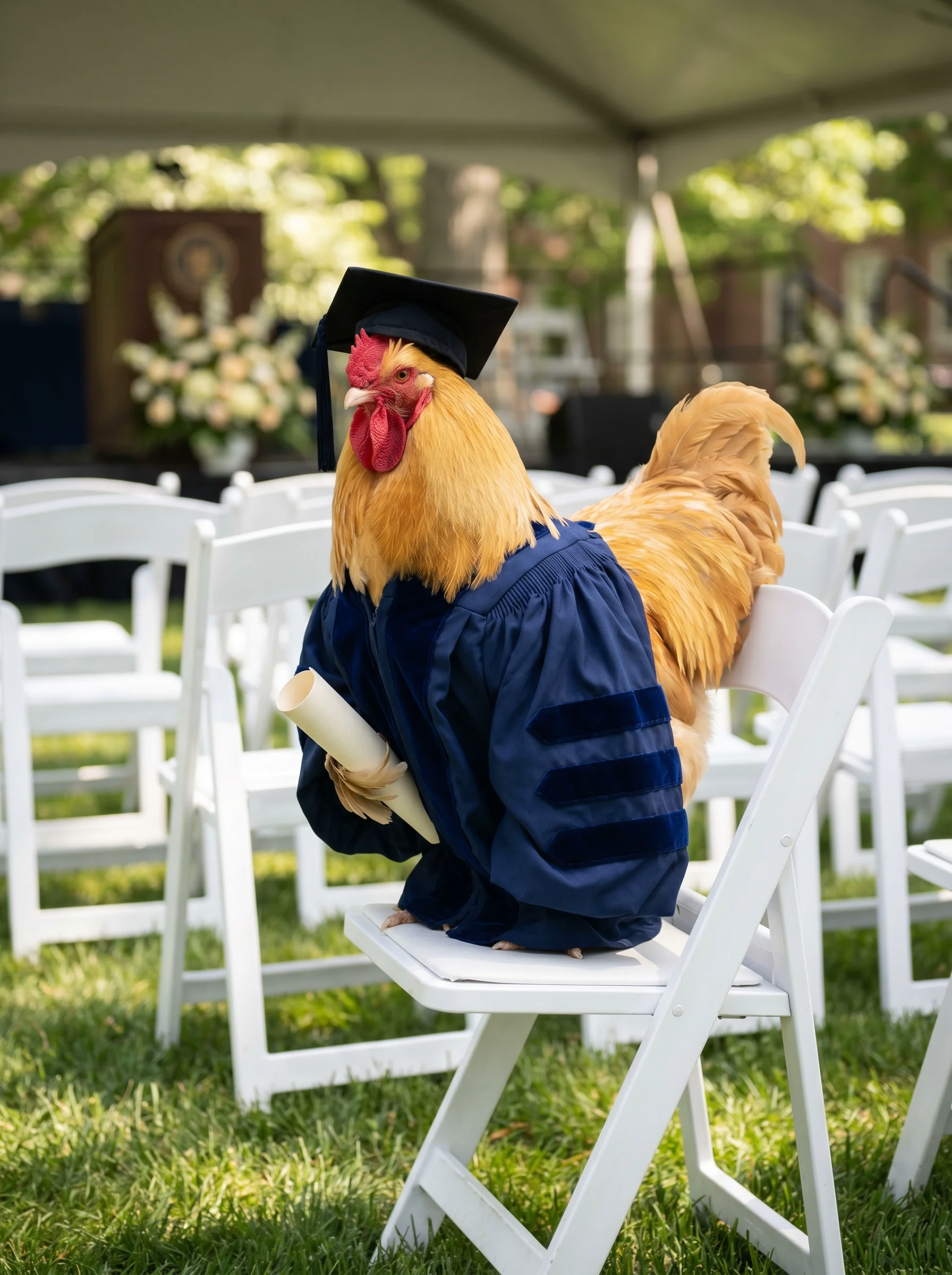 A Buff Orpington rooster in midnight-blue doctoral regalia and mortarboard seated on a white folding chair at an outdoor university commencement ceremony, looking back over his shoulder, rolled programme tucked under one wing, rows of empty white chairs on green lawn with a distant podium and floral arrangements in warm sunlit bokeh