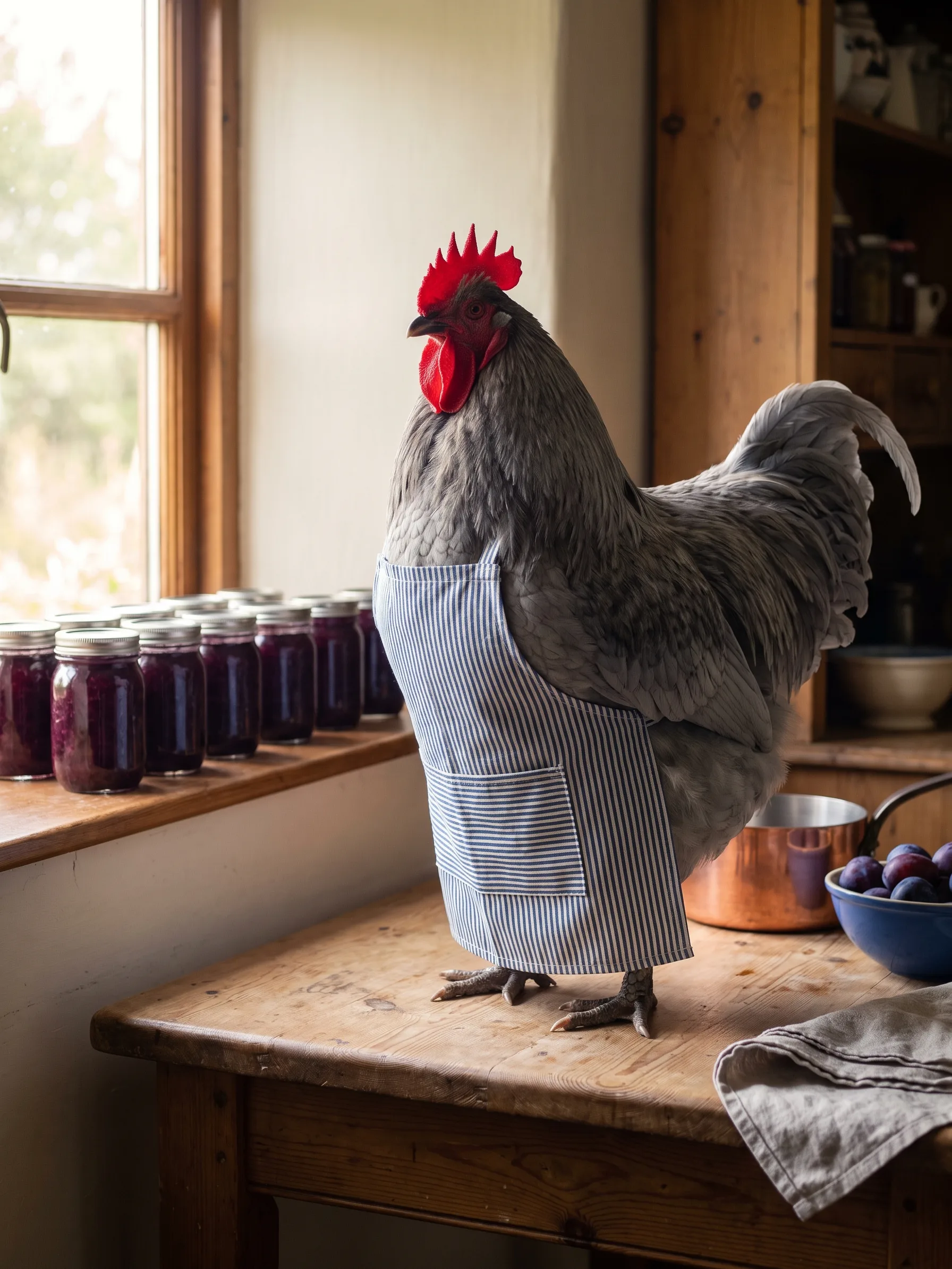 A Blue Orpington rooster with soft, even slate-blue plumage in a blue-and-white striped cotton apron, standing on a scrubbed pine kitchen table beside a row of glass jars of dark plum jam with plain metal lids along the windowsill, a clean copper preserving pan and a blue bowl of purple plums, soft afternoon light through a cottage kitchen window