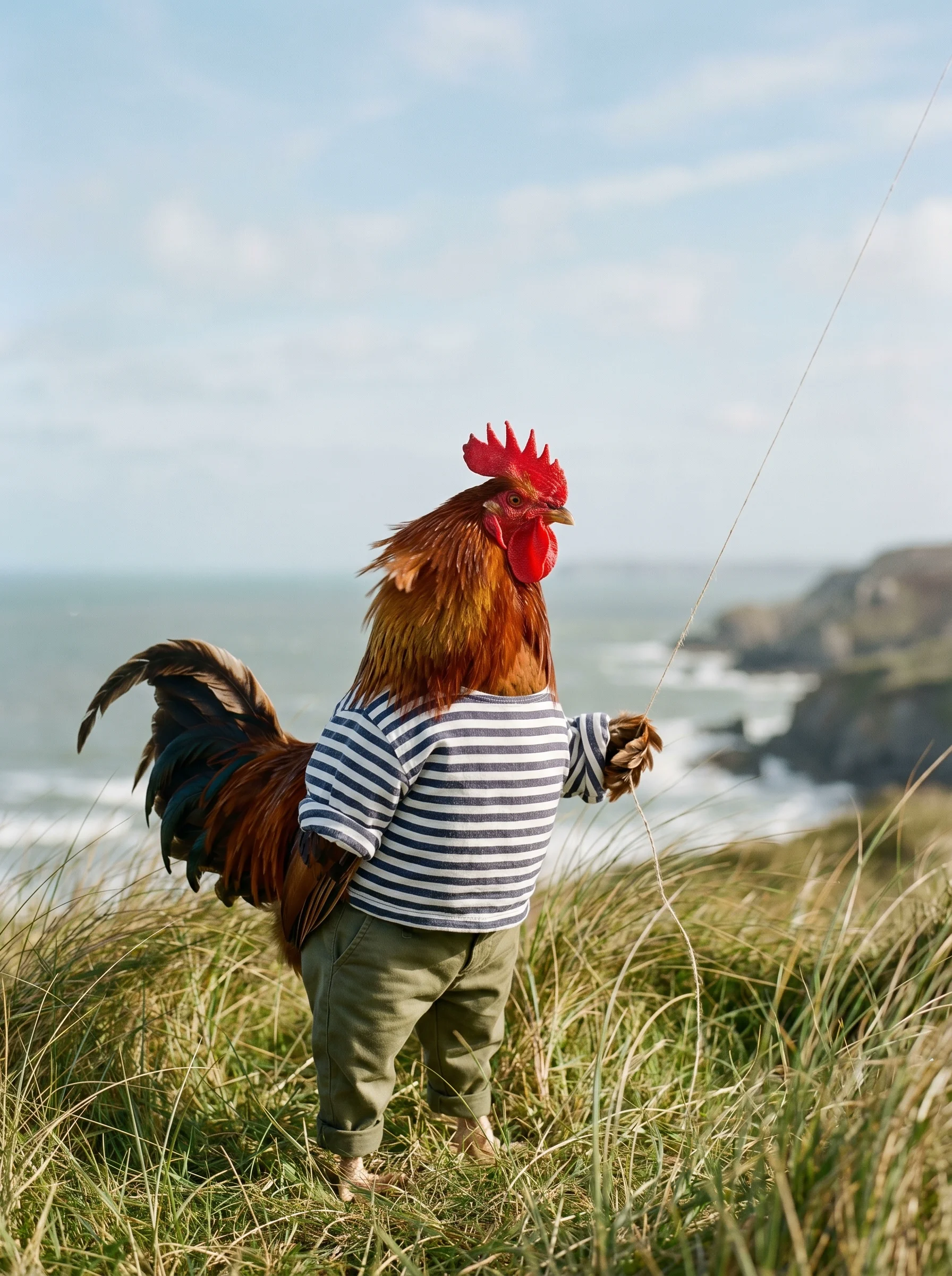 A Welsummer rooster in a navy-and-white Breton-stripe linen shirt and olive chinos standing on a windswept coastal clifftop among tall wild grass, holding a kite string taut in one wing, the line running up into a pale blue sky, grey-green sea and rocky headland in soft bokeh behind him, warm late-morning light