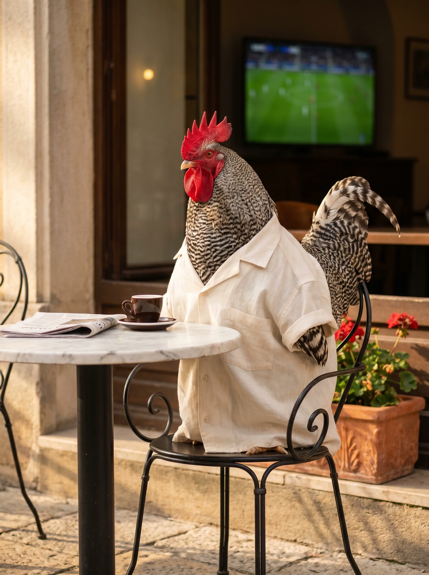 A Barred Plymouth Rock rooster with black-and-white barred plumage in a cream linen camp-collar shirt, seated at a small round marble-topped cafe table on a sidewalk terrace, an espresso cup and folded newspaper on the table, a football match playing on a wall-mounted television visible through the cafe window behind, wrought-iron chair, terracotta planter with red geraniums, warm afternoon light