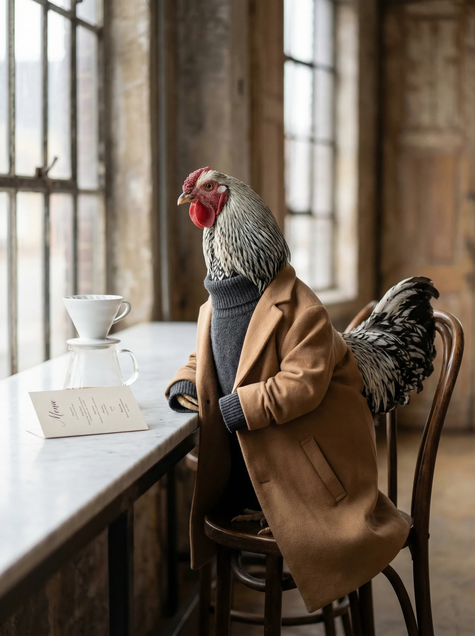A distinguished rooster at the window of an empty café, considering the day. He was here before the menu card.