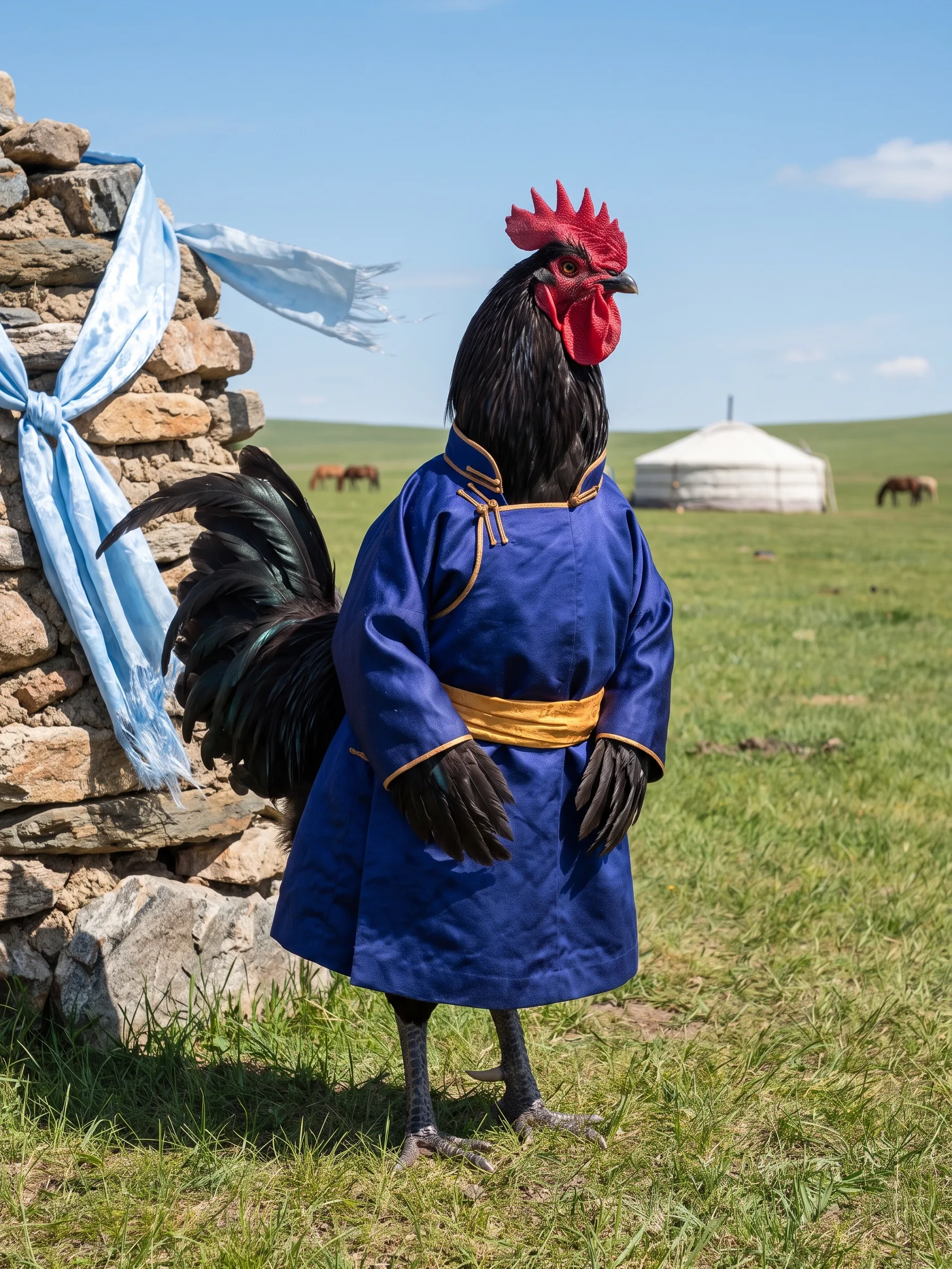 A Croad Langshan rooster with glossy black plumage and a green sheen, standing upright like a gentleman in a knee-length deep blue silk deel robe with a gold silk sash, beside a stone cairn hung with pale blue silk scarves on the open Mongolian steppe, a white felt ger and grazing horses behind him under a wide blue summer sky